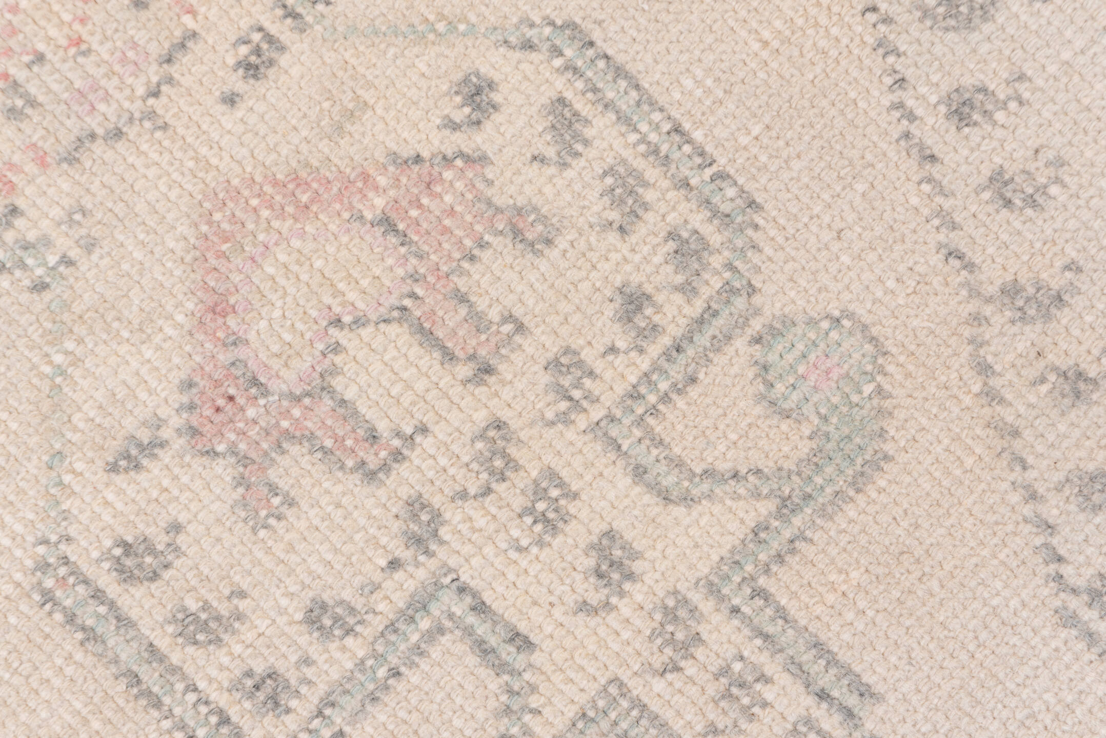 4' x 7' one-of-a-kind handmade vintage Oushak rug. Color palette: ivory, blush, pale blue, taupe, sage, rose, gray, pink
