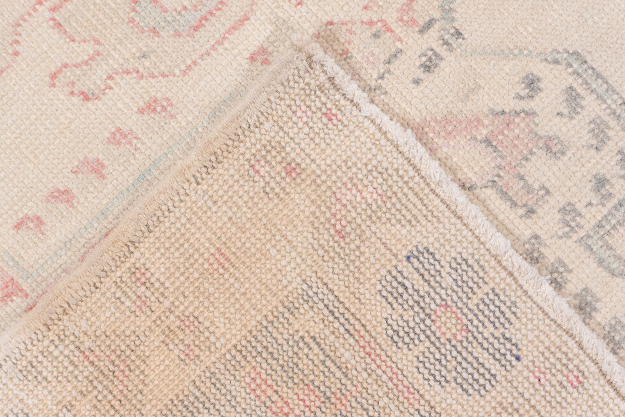 4' x 7' one-of-a-kind handmade vintage Oushak rug. Color palette: ivory, blush, pale blue, taupe, sage, rose, gray, pink