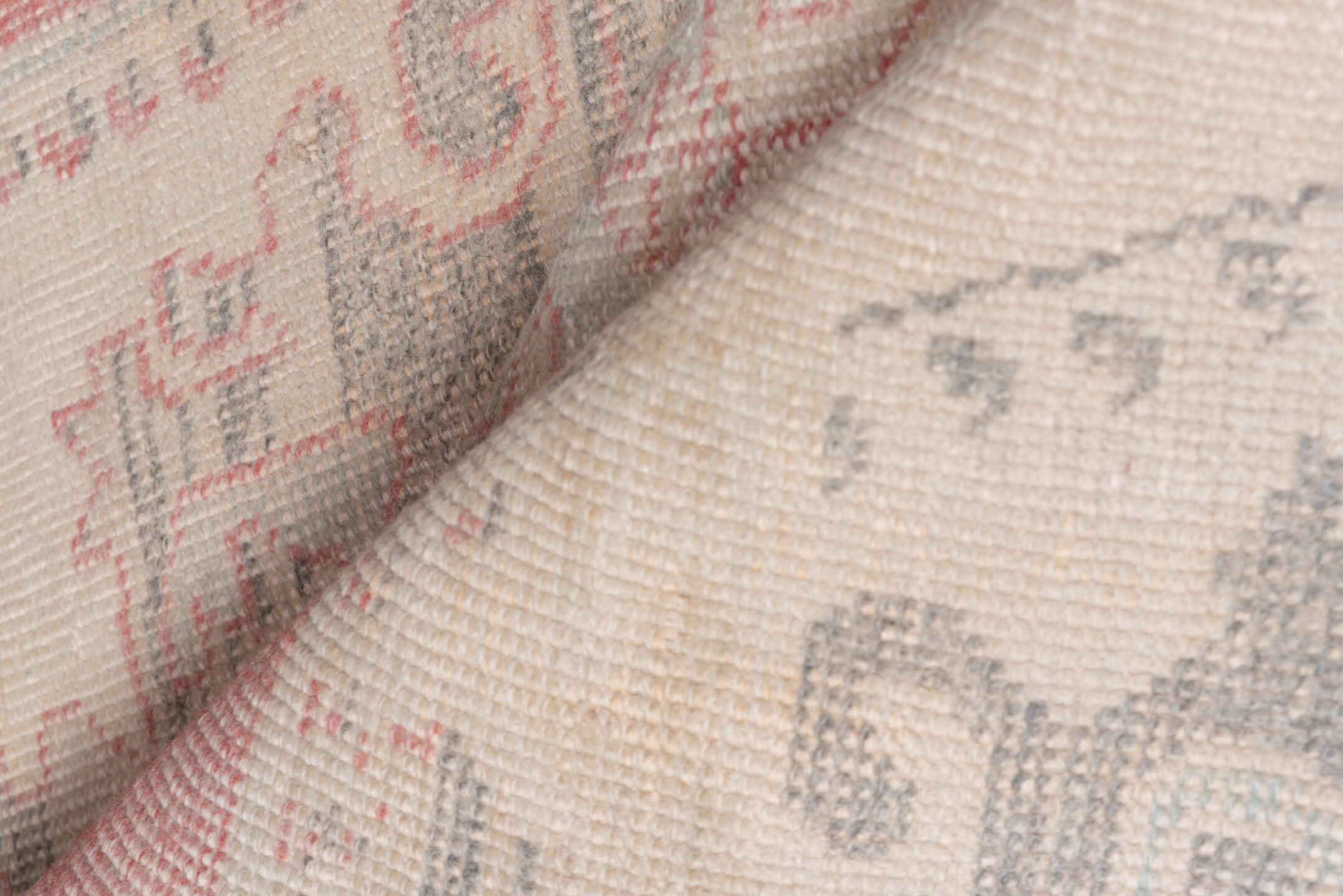 4' x 7' one-of-a-kind handmade vintage Oushak rug. Color palette: brown, gray, light gray, off-white, orange, pink, snow