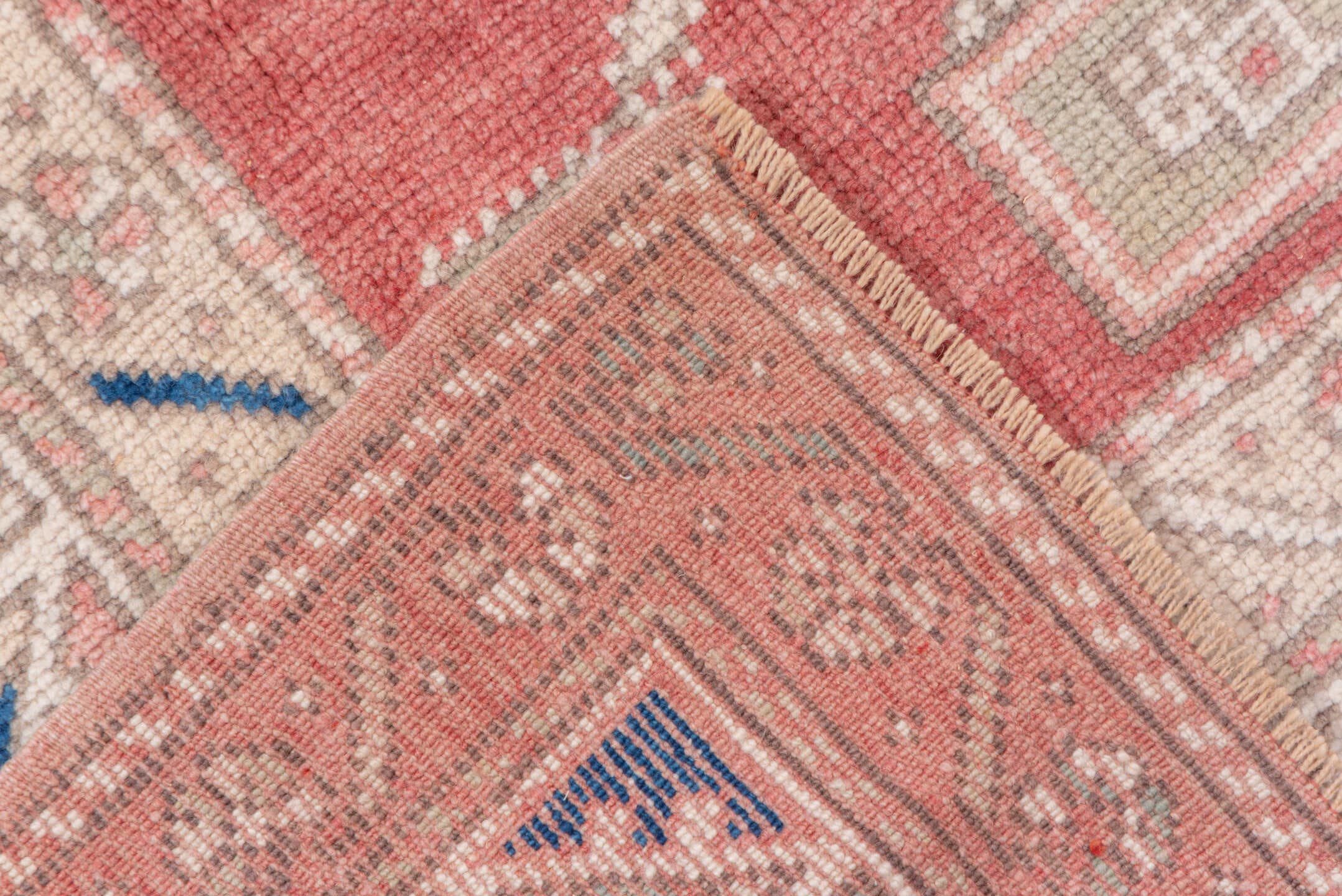5' x 8' one-of-a-kind handmade vintage Oushak medium size rug. Color palette: coral, ivory, taupe, dusty rose, blue, sage