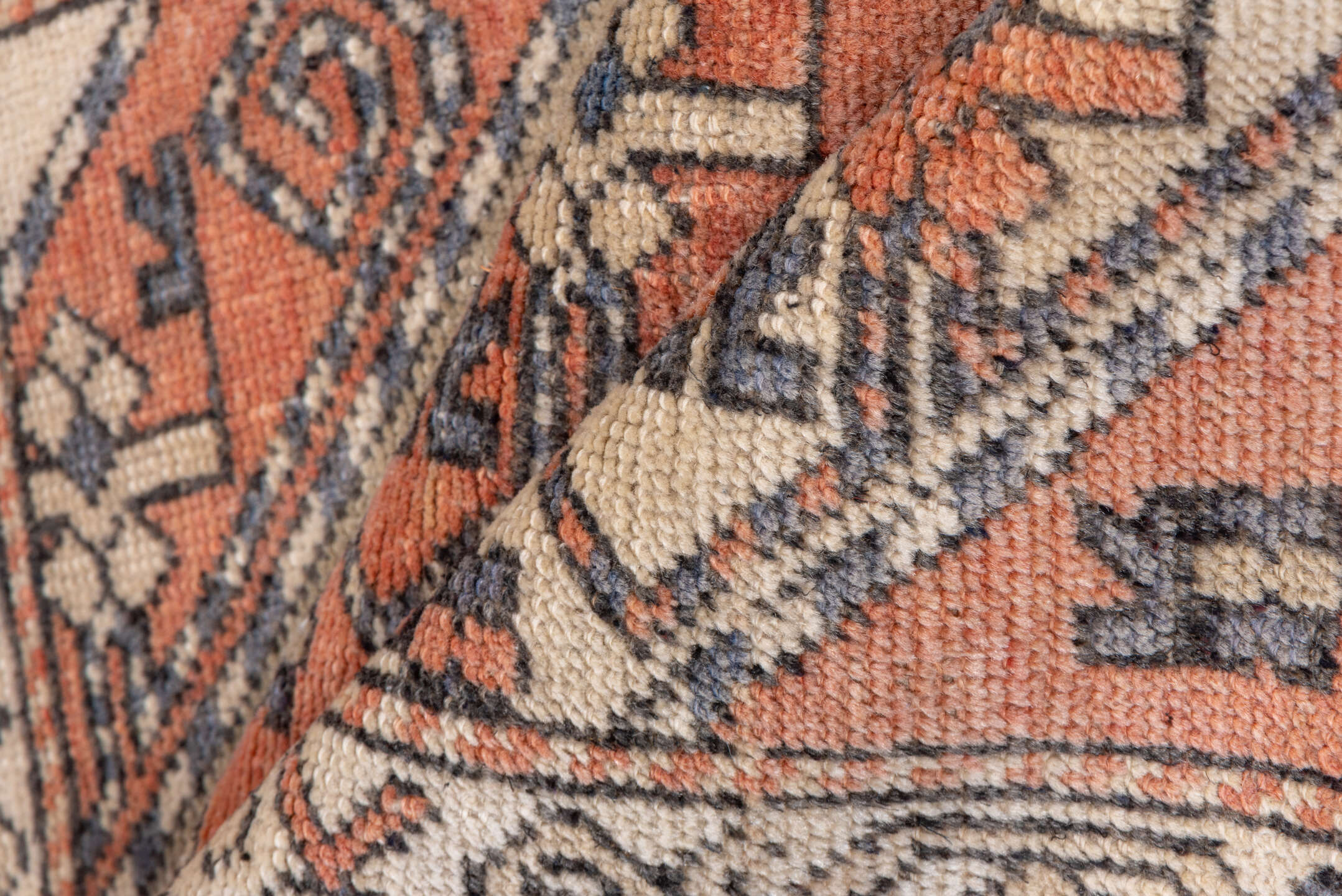 2' x 5' one-of-a-kind handmade vintage Oushak small size rug. Color palette: ivory, coral, slate, taupe, camel, charcoal