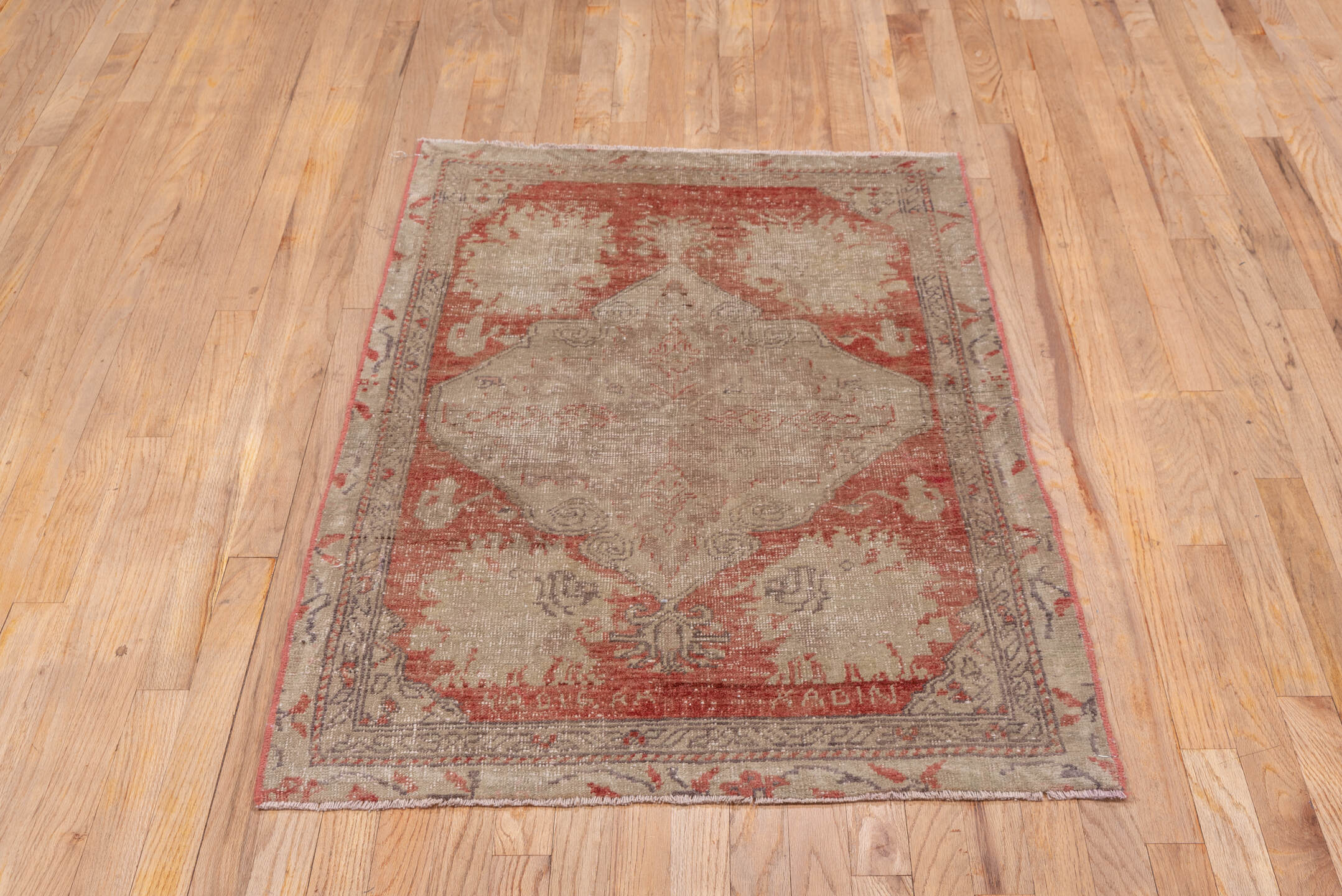 2' x 4' one-of-a-kind handmade vintage Oushak small size rug. Color palette: beige, terra cotta, ivory, taupe, camel