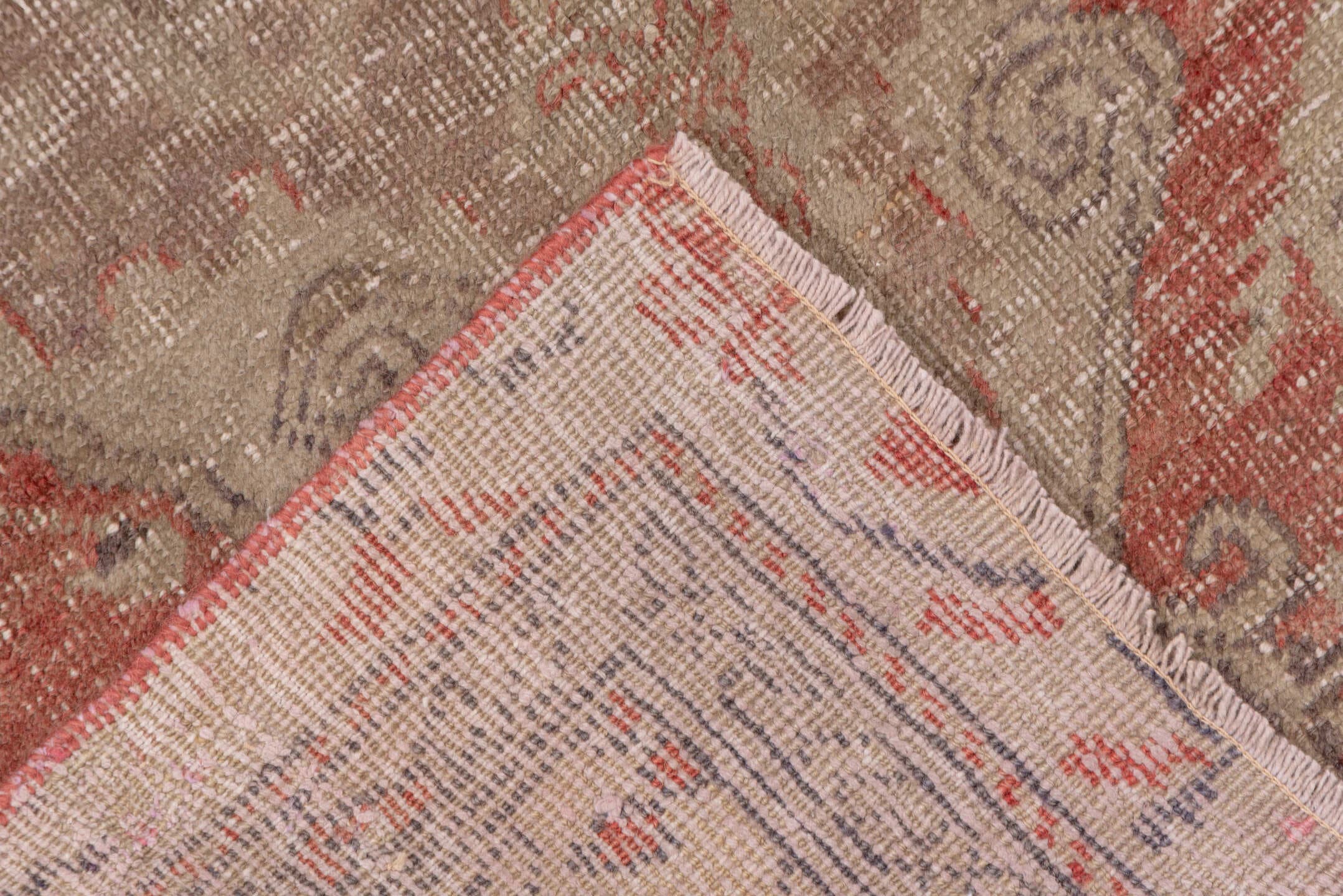 2' x 4' one-of-a-kind handmade vintage Oushak small size rug. Color palette: beige, terra cotta, ivory, taupe, camel