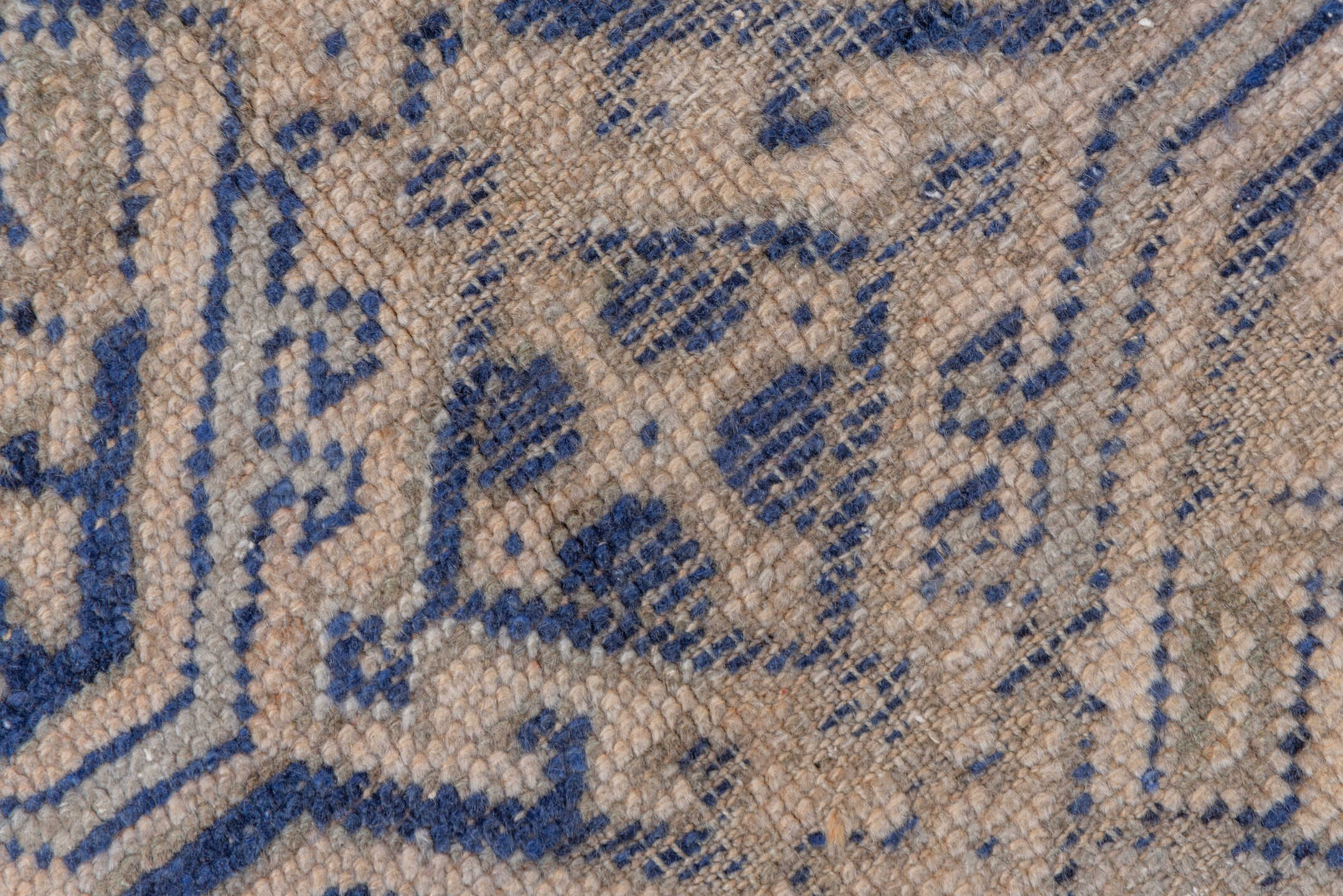 2' x 5' one-of-a-kind handmade vintage Oushak small size rug. Color palette: ivory, indigo, beige, camel, taupe, purple