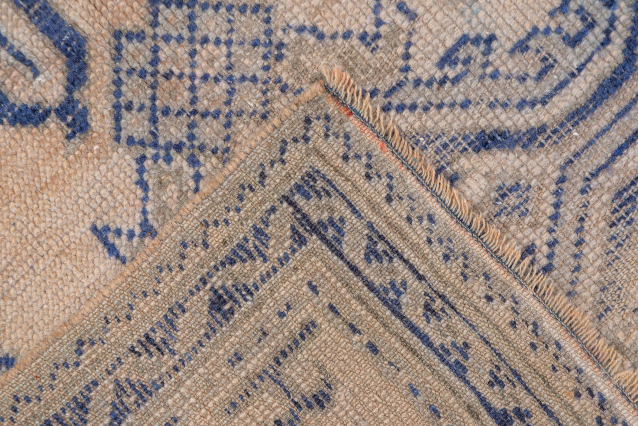 2' x 5' one-of-a-kind handmade vintage Oushak small size rug. Color palette: ivory, indigo, beige, camel, taupe, purple