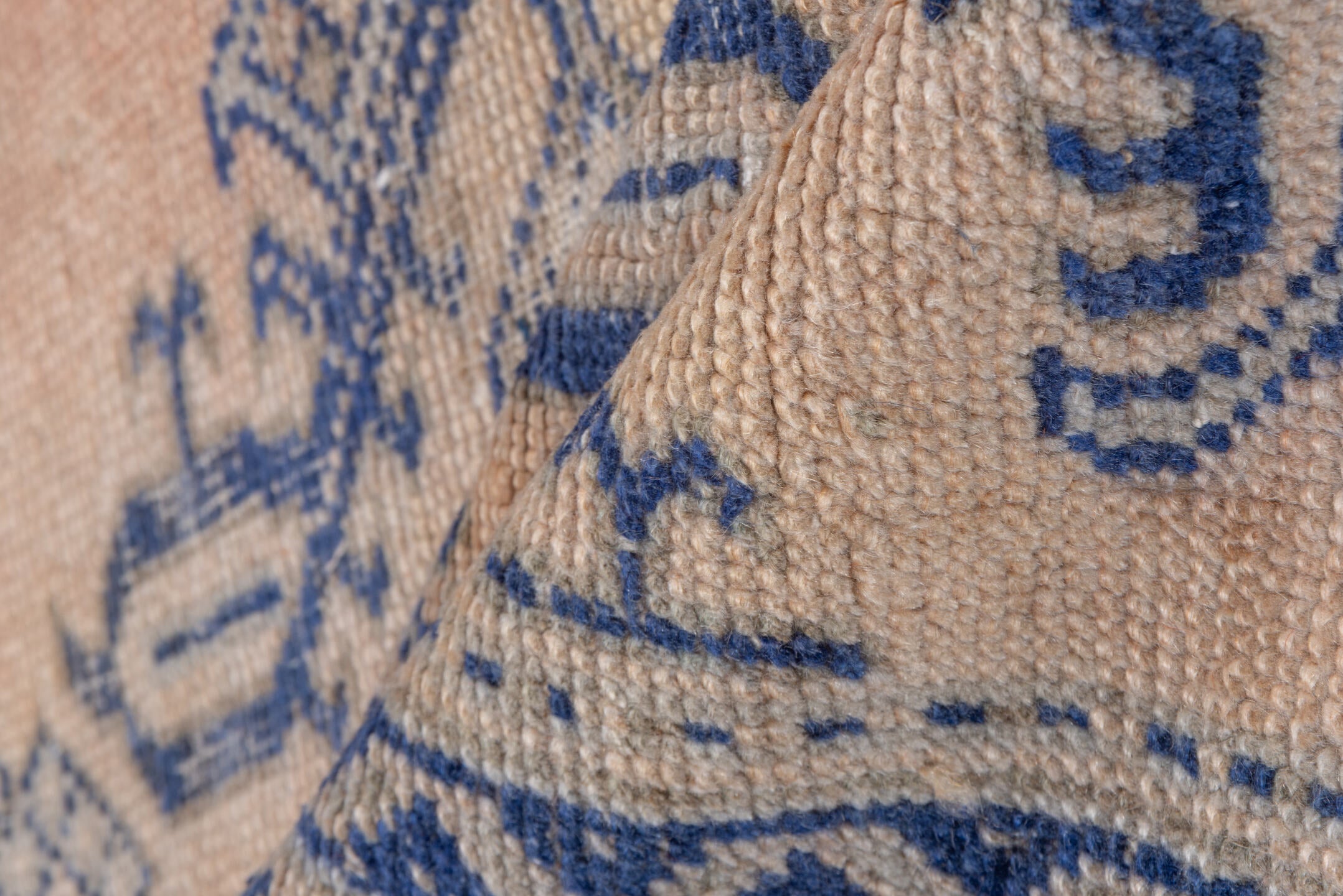 2' x 5' one-of-a-kind handmade vintage Oushak small size rug. Color palette: ivory, indigo, beige, camel, taupe, purple