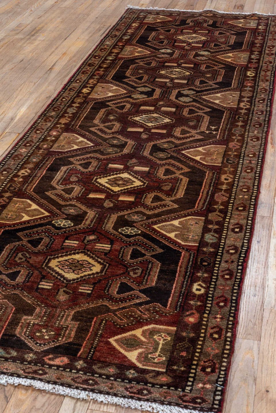 2' x 9' one-of-a-kind handmade antique Malayer runner rug. Color palette: brown, rust, ivory, camel, charcoal, burgundy