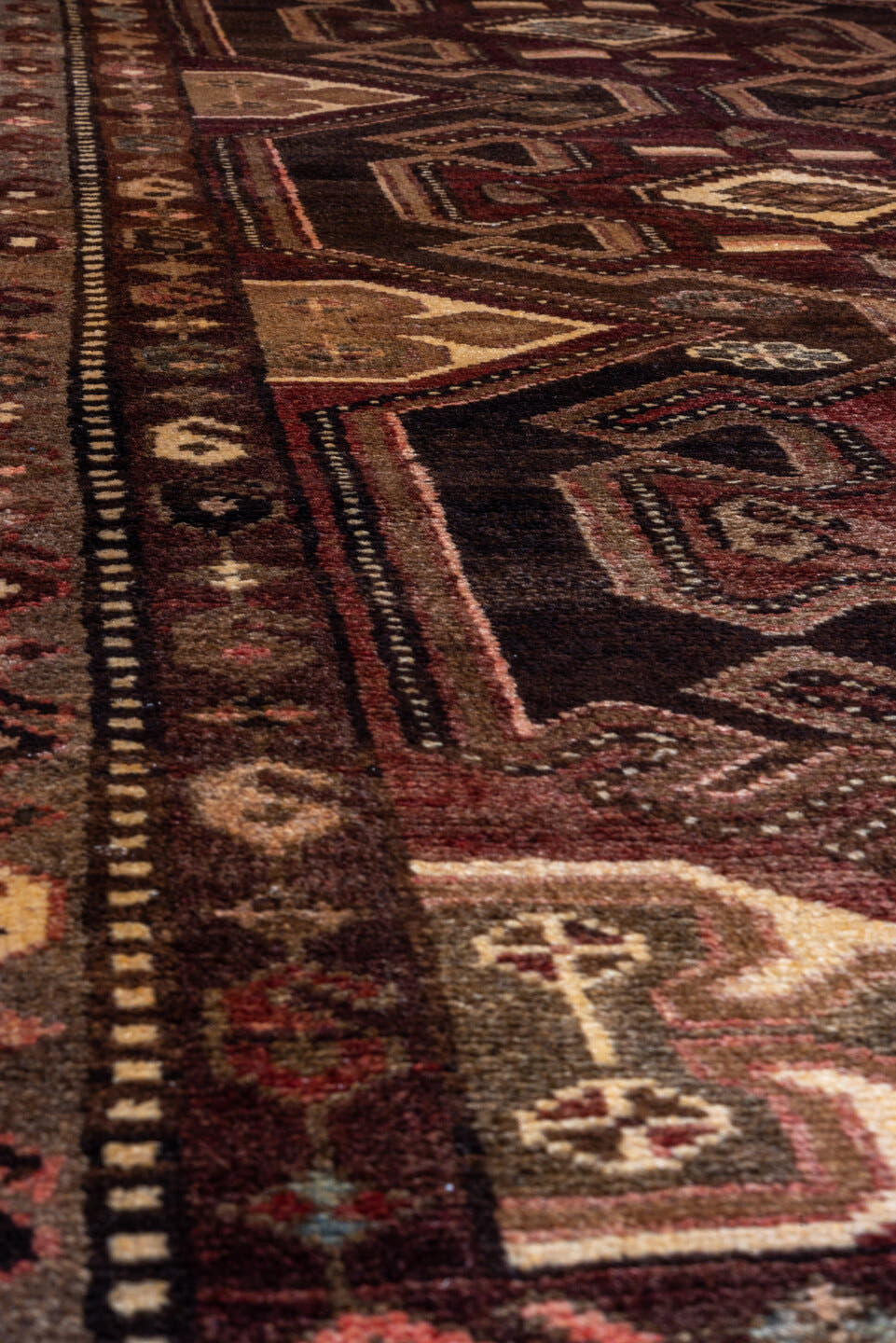 2' x 9' one-of-a-kind handmade antique Malayer runner rug. Color palette: brown, rust, ivory, camel, charcoal, burgundy