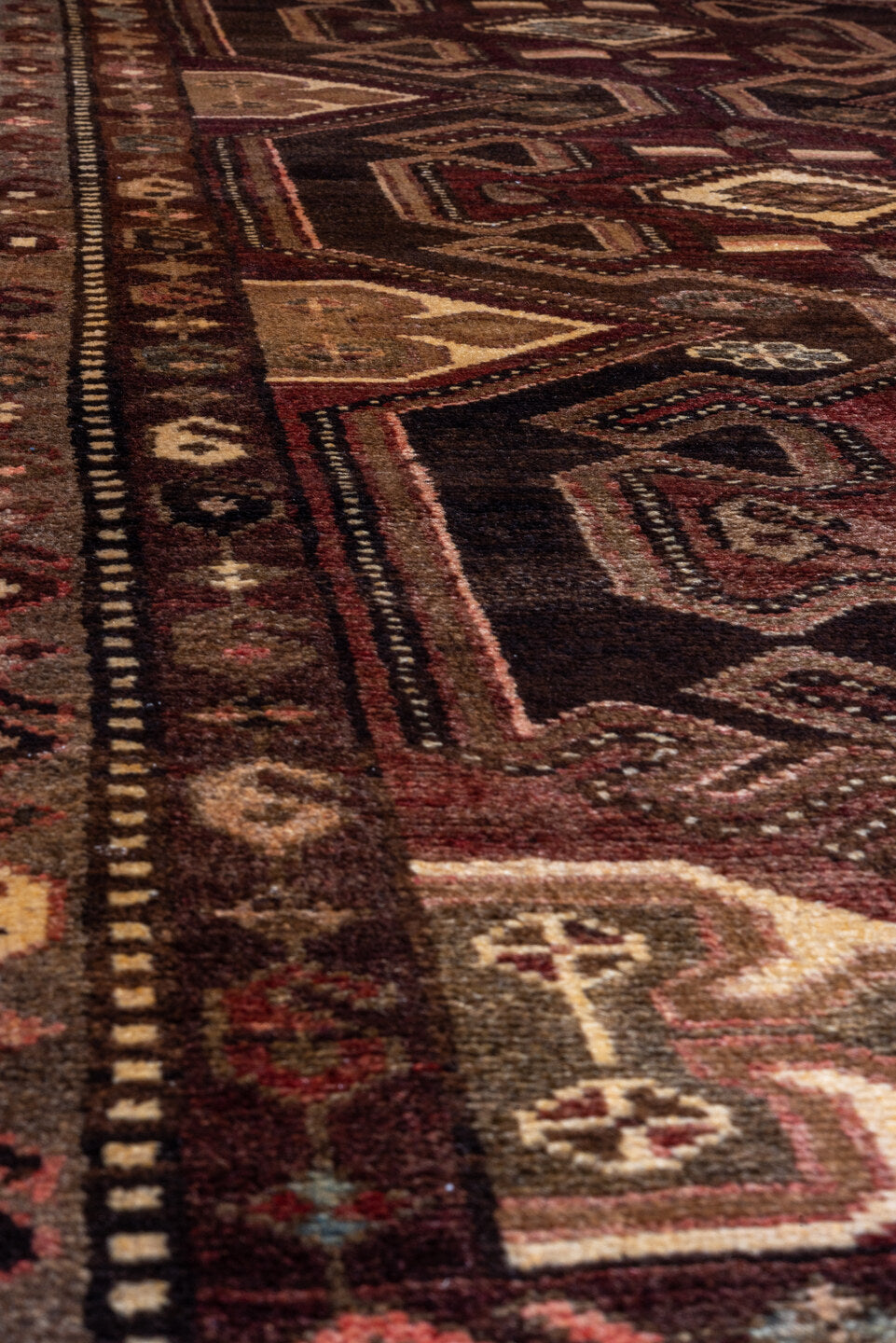 2' x 9' one-of-a-kind handmade antique Malayer runner rug. Color palette: brown, rust, ivory, camel, charcoal, burgundy