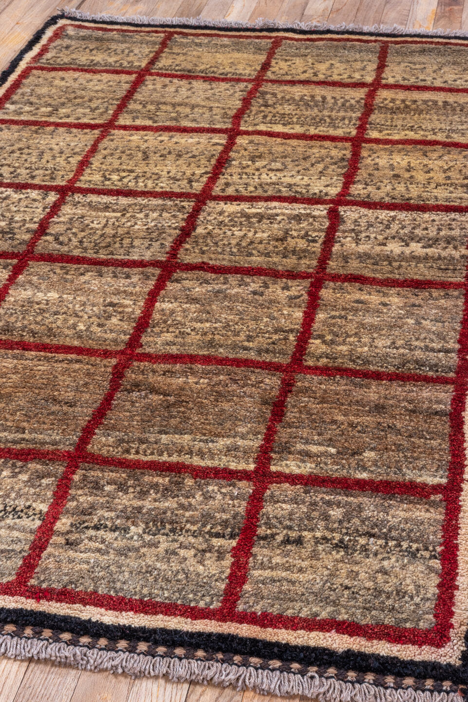 3' x 5' one-of-a-kind handmade antique Gabbe small size rug. Color palette: taupe, camel, rust, ivory, charcoal, brown