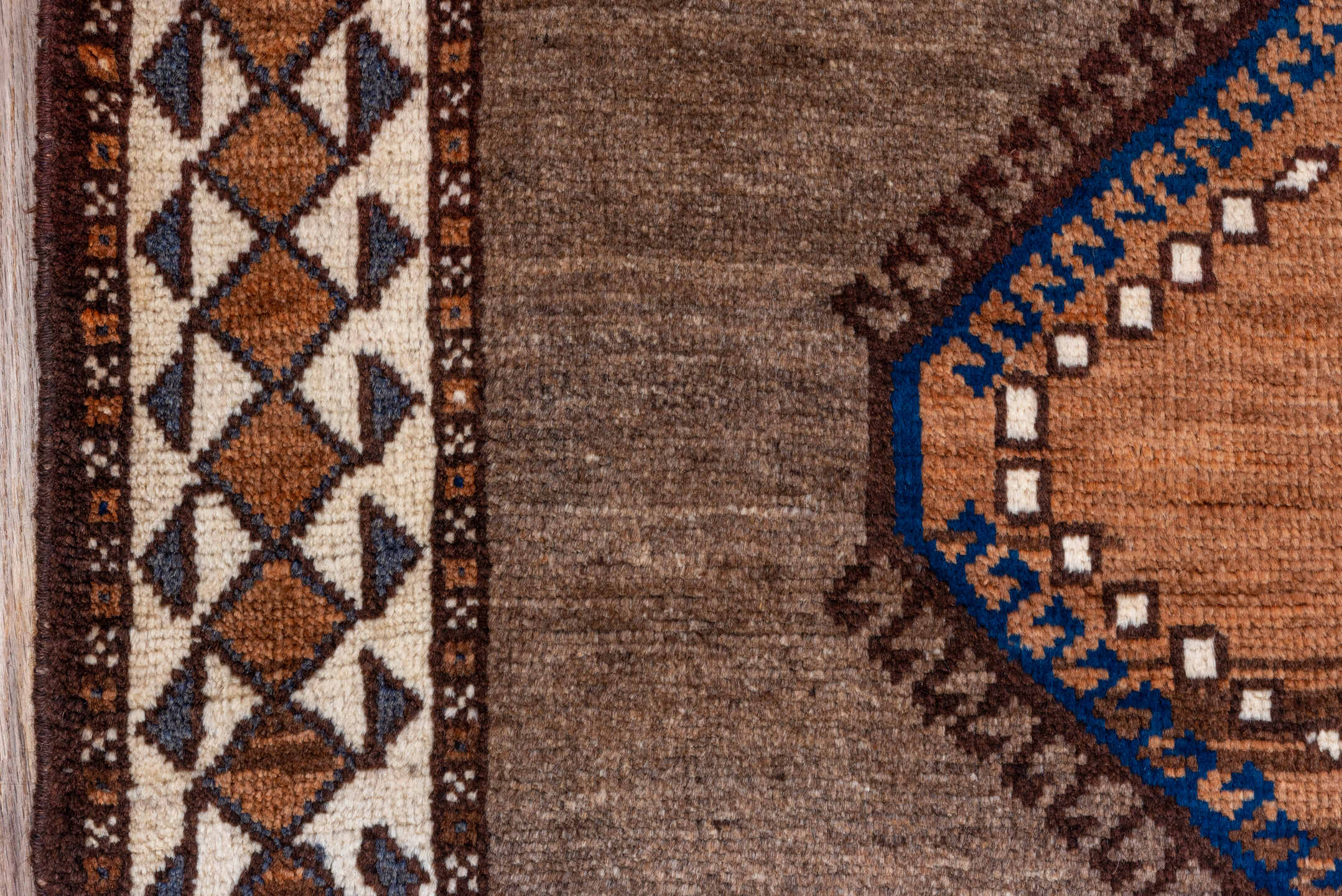 3' x 4' one-of-a-kind handmade vintage Gabbe small size rug. Color palette: blue, brown, gray, off-white, orange, pink