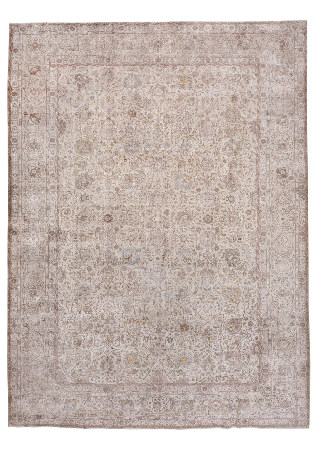 13' x 17' one-of-a-kind handmade vintage Tabriz oversize rug. Color palette: brown, gainsboro, gray, light gray, off-white