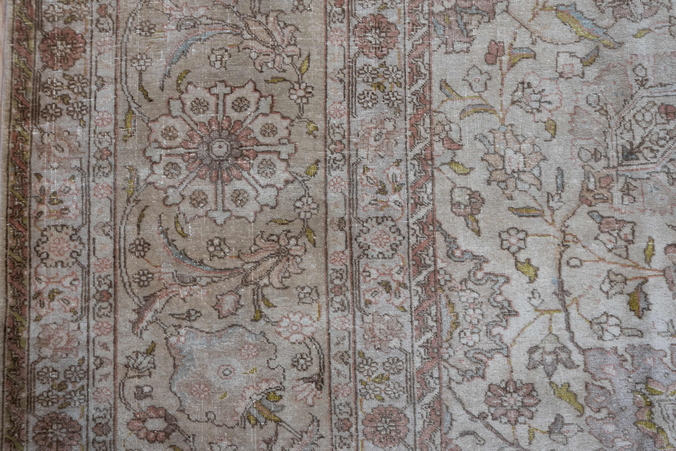 13' x 17' one-of-a-kind handmade antique Tabriz oversize rug. Color palette: ivory, taupe, blush, beige, gold, pale blue