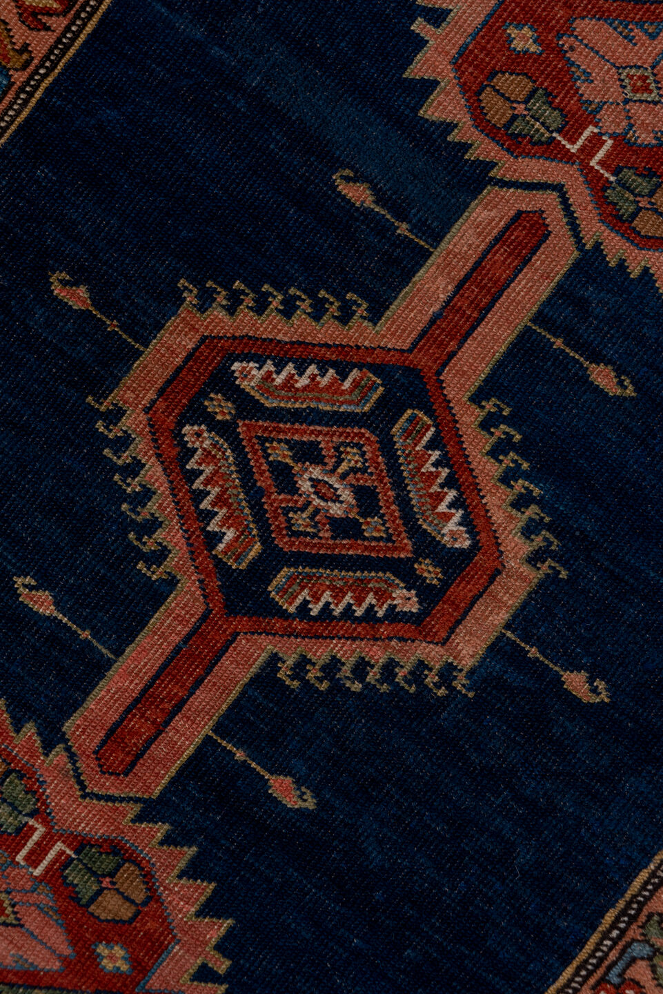 3' x 17' one-of-a-kind handmade antique Serapi runner rug. Color palette: navy, rust, camel, ivory, terra cotta, sage