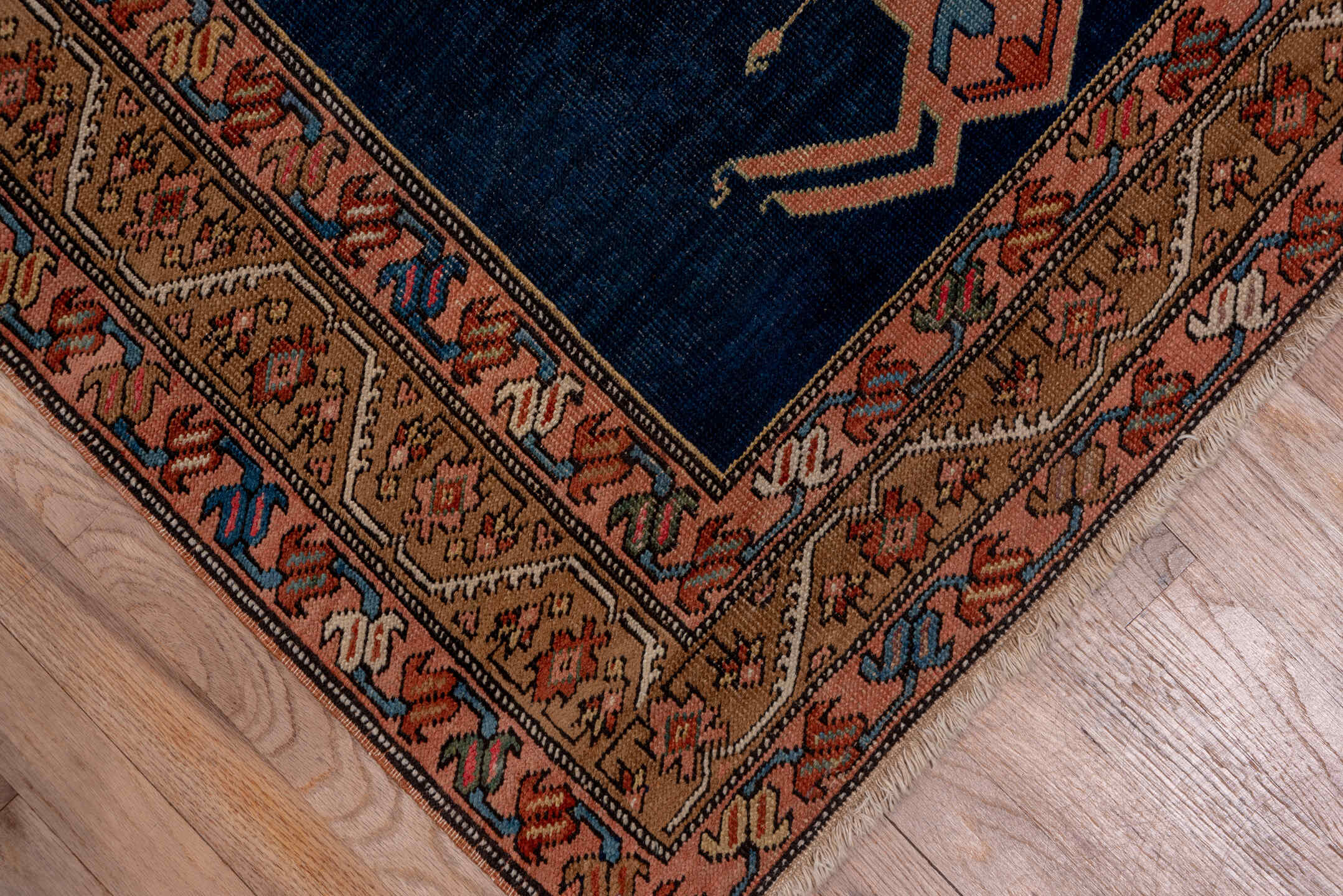 3' x 17' one-of-a-kind handmade antique Serapi runner rug. Color palette: navy, rust, camel, ivory, terra cotta, sage