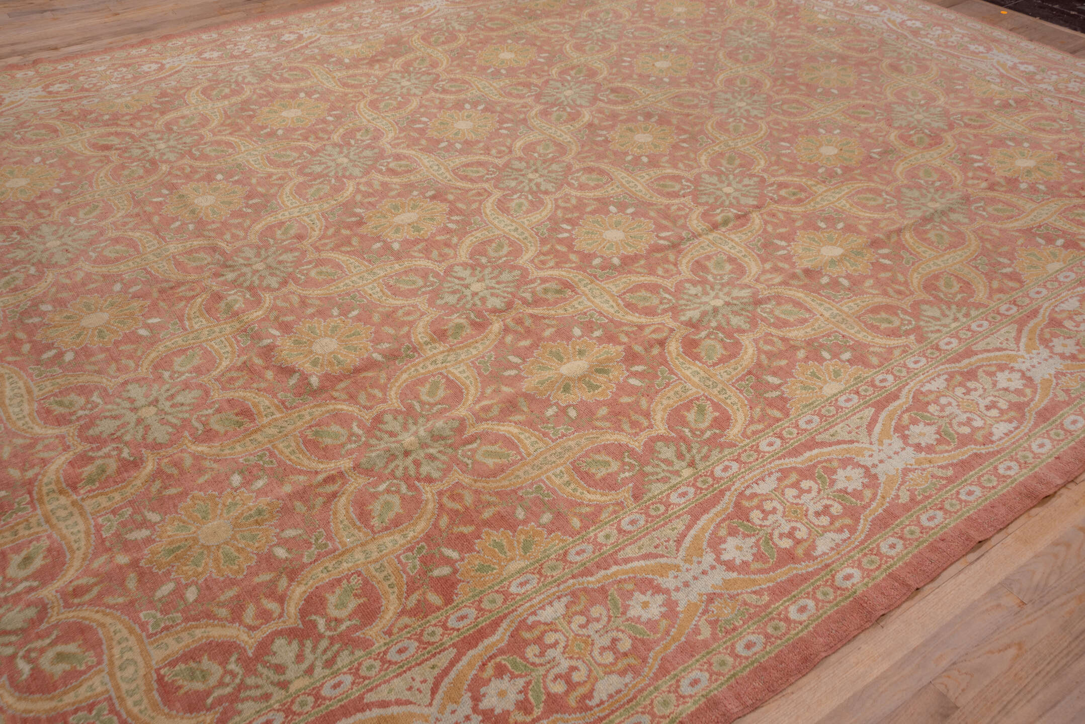 10' x 20' one-of-a-kind handmade antique Spanish rug. Color palette: coral, ivory, gold, sage, terra cotta, terracotta
