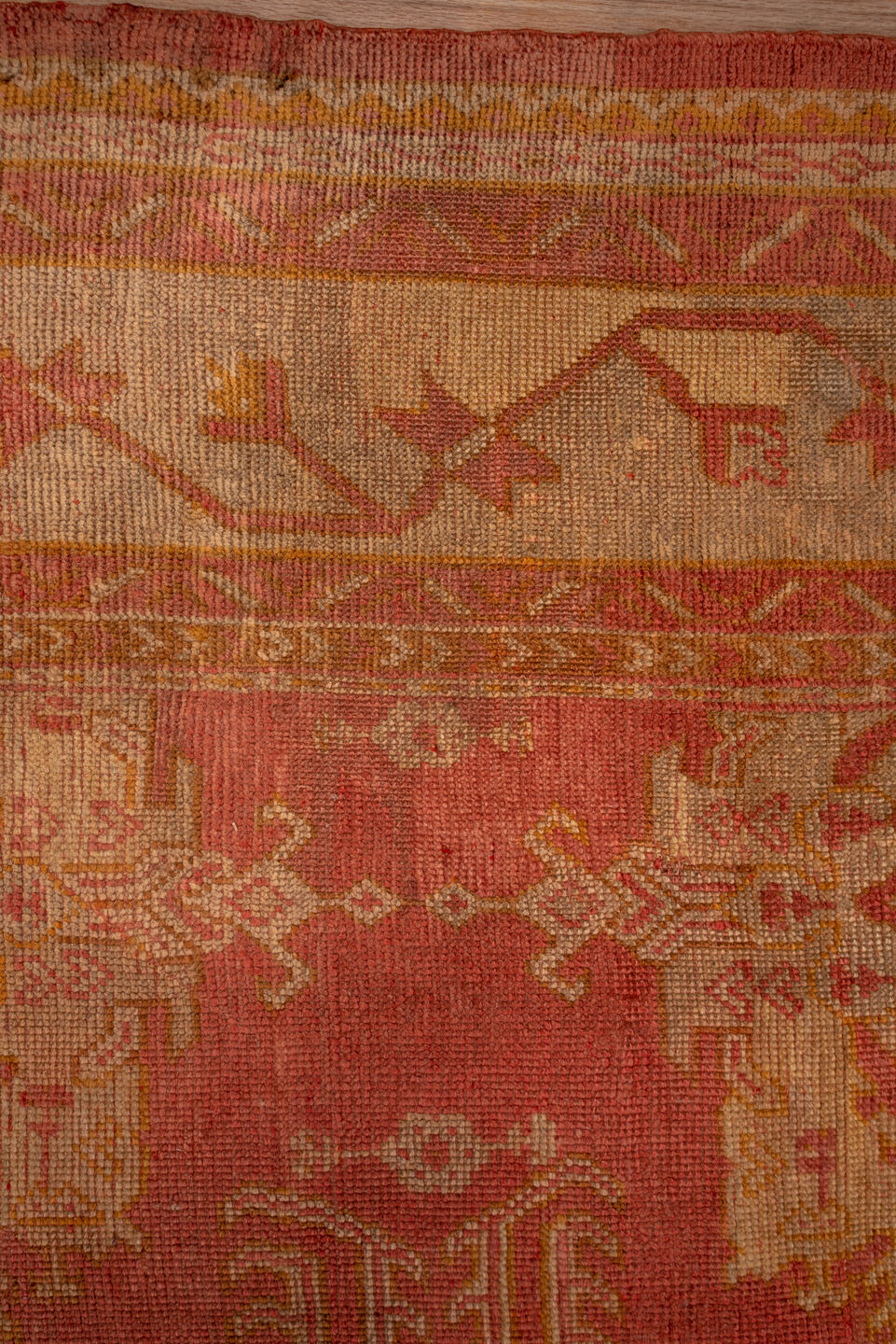 13' x 17' one-of-a-kind handmade vintage Oushak oversize rug. Color palette: brown, burlywood, dark salmon, orange, pink