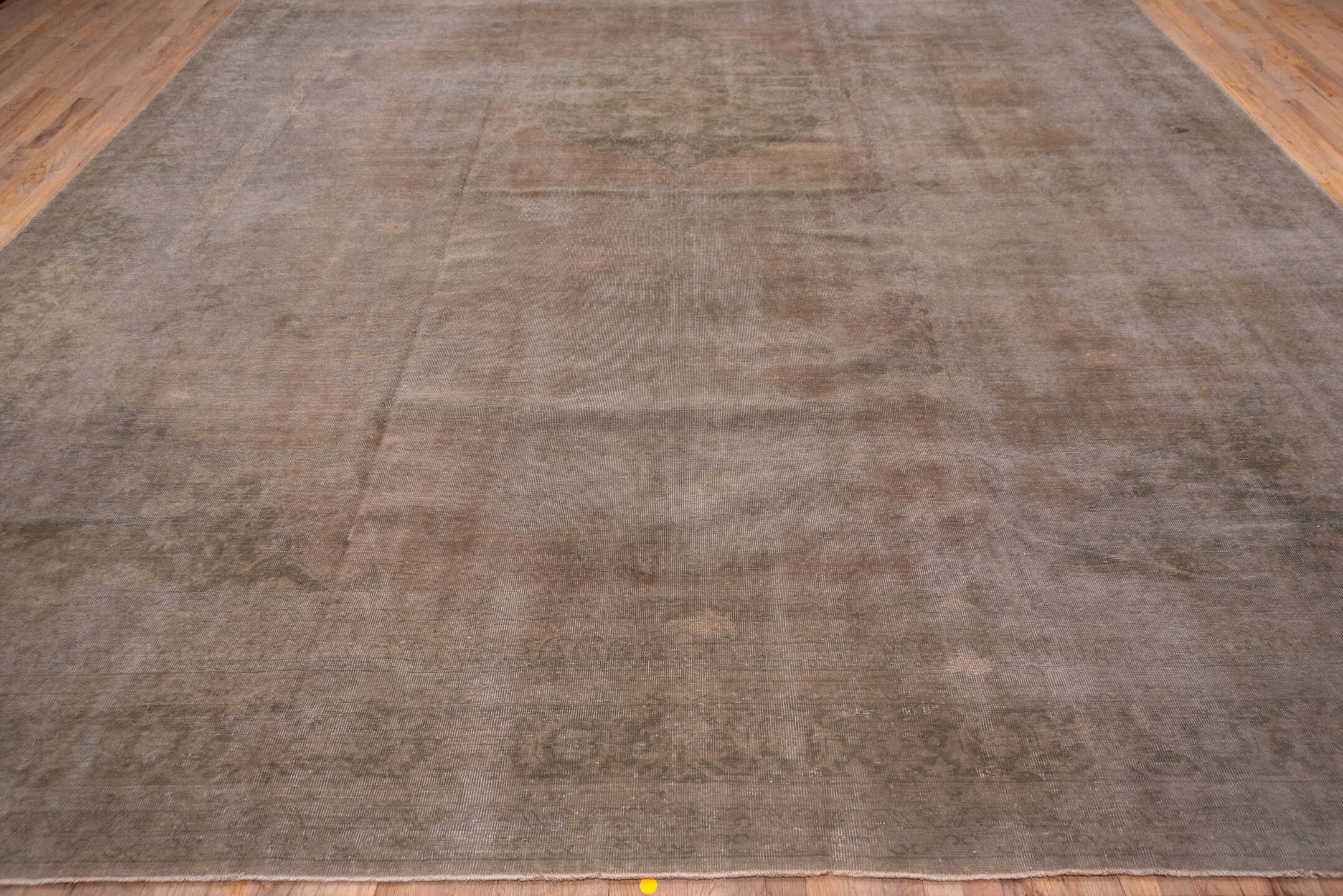 12' x 19' one-of-a-kind handmade antique Oushak oversize rug. Color palette: taupe, beige, blush, sage, ivory, gray, pink