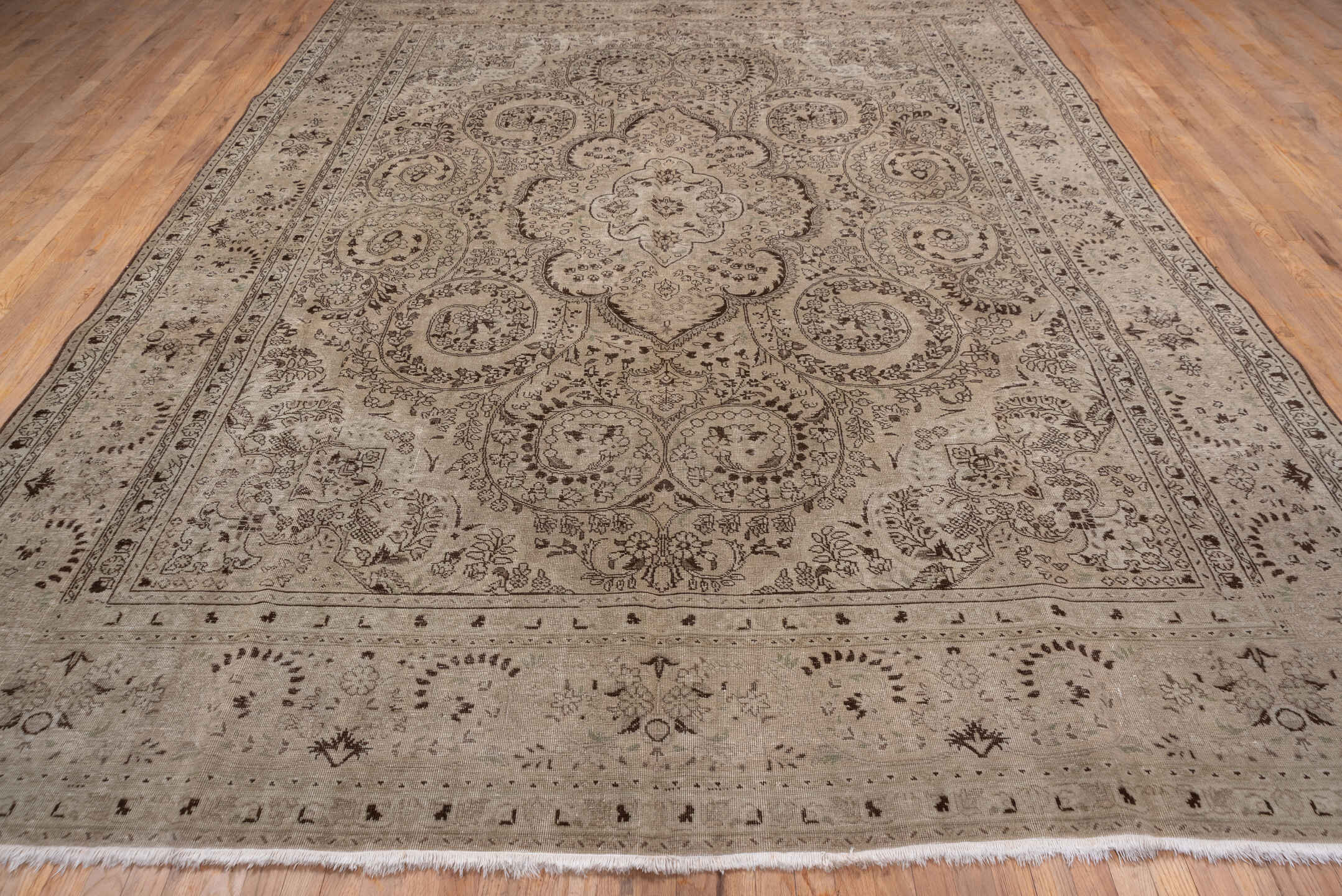 9' x 12' one-of-a-kind handmade antique Sivas large size rug. Color palette: ivory, taupe, brown, camel, beige, gray