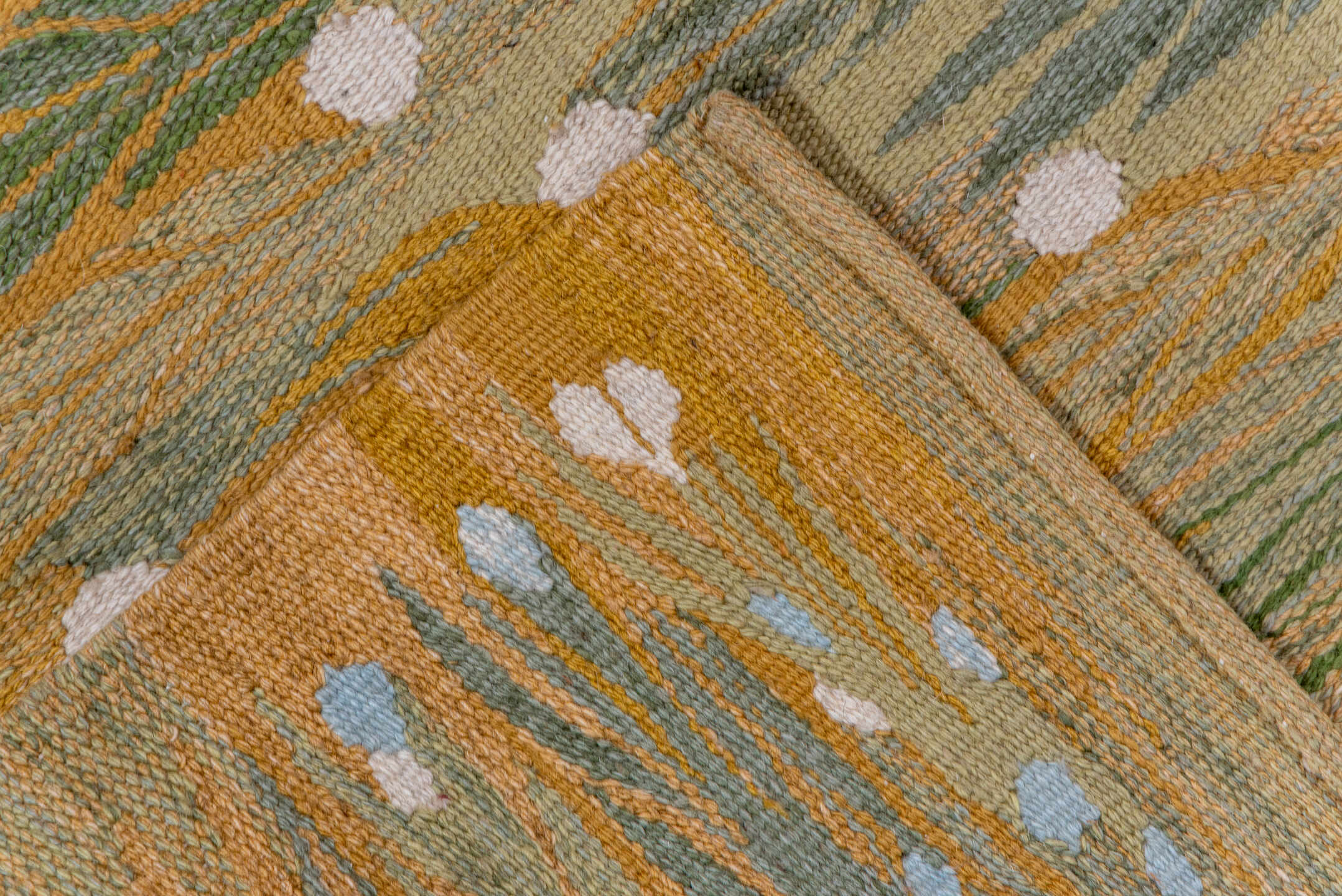 3' x 4' one-of-a-kind handmade vintage Kilim small size rug. Color palette: tan, sage, olive, camel, ivory, pale_blue, gold