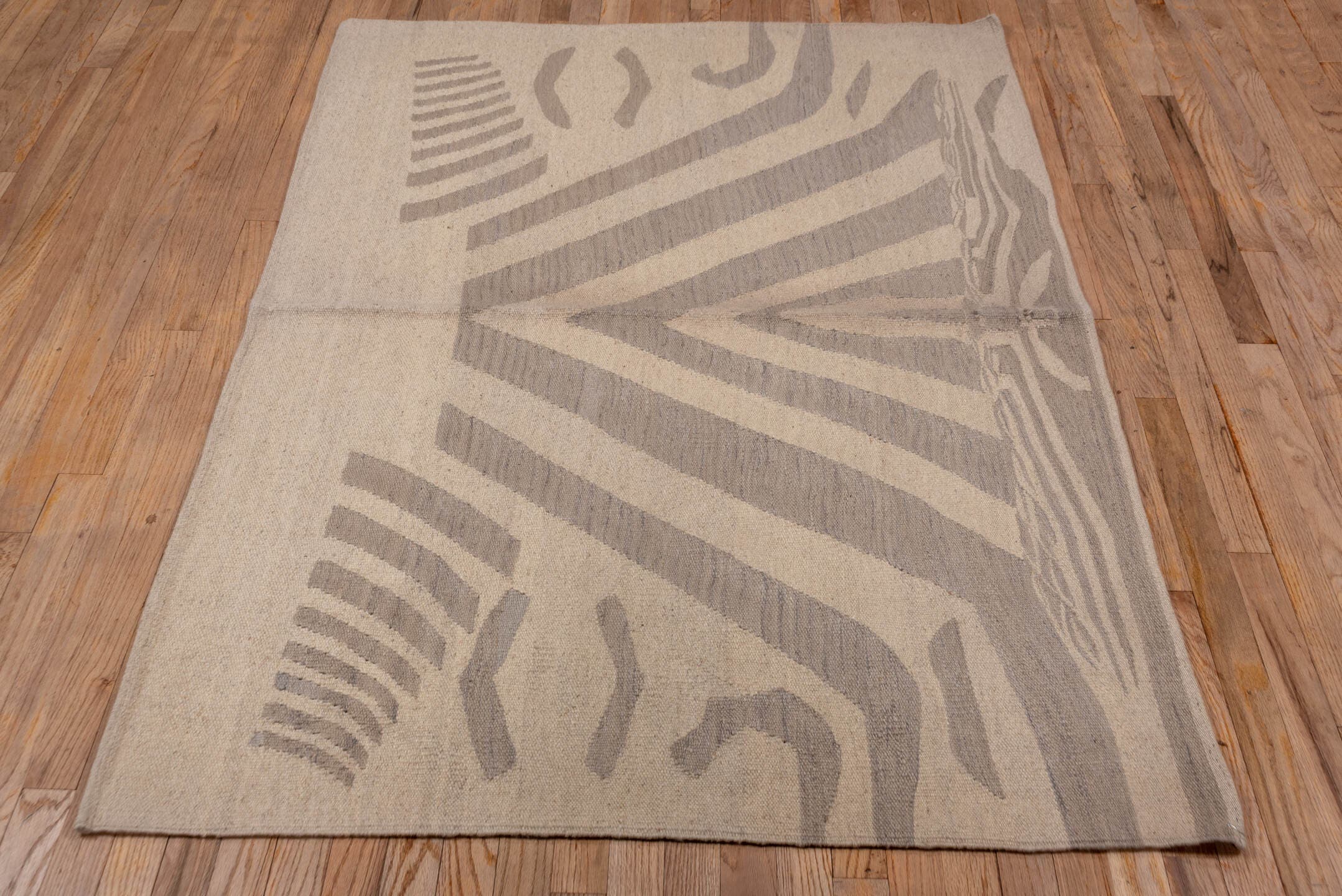 4' x 5' one-of-a-kind handmade vintage Kilim small size rug. Color palette: beige, taupe, ivory, sand, greige, gray