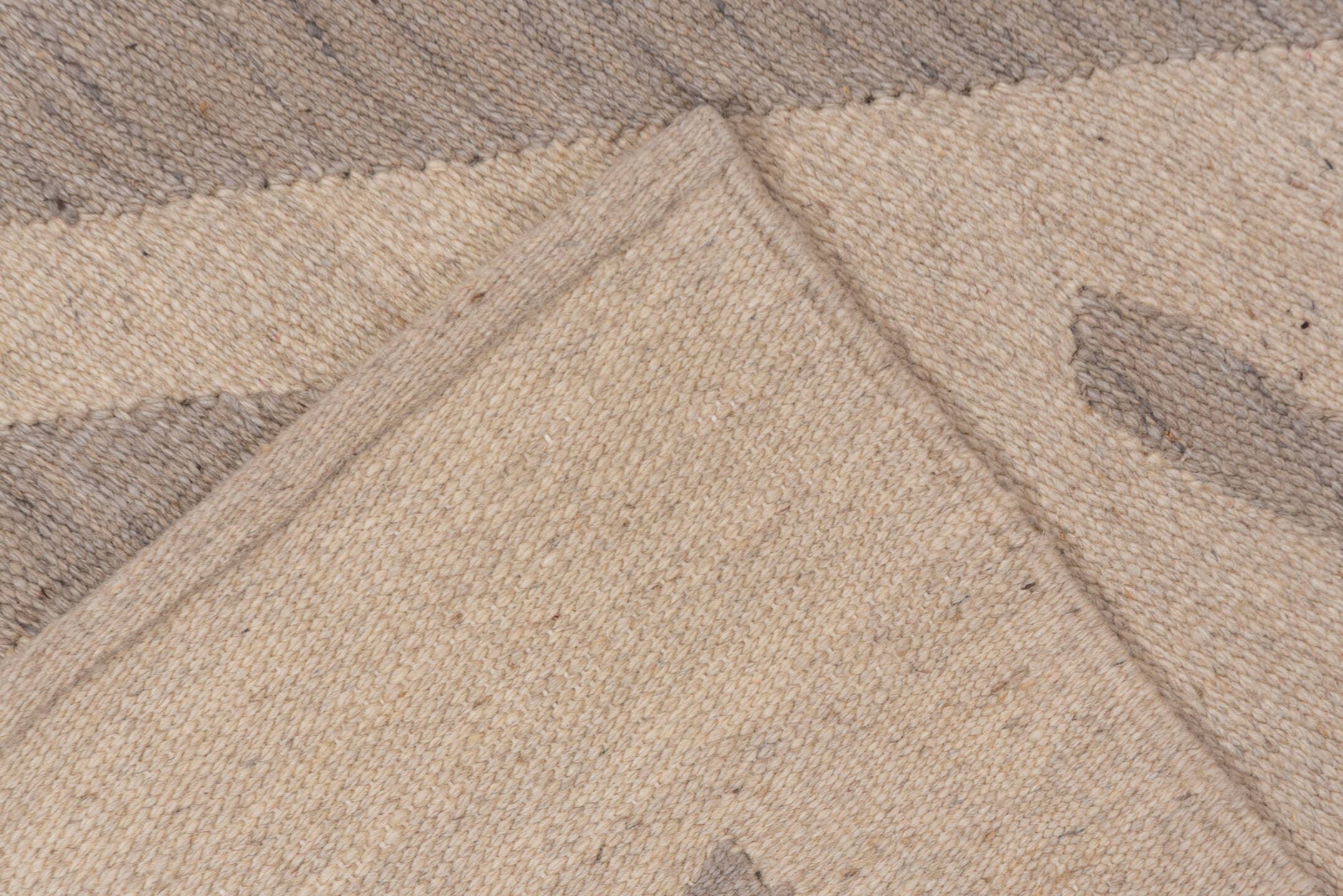 4' x 5' one-of-a-kind handmade vintage Kilim small size rug. Color palette: beige, taupe, ivory, sand, greige, gray