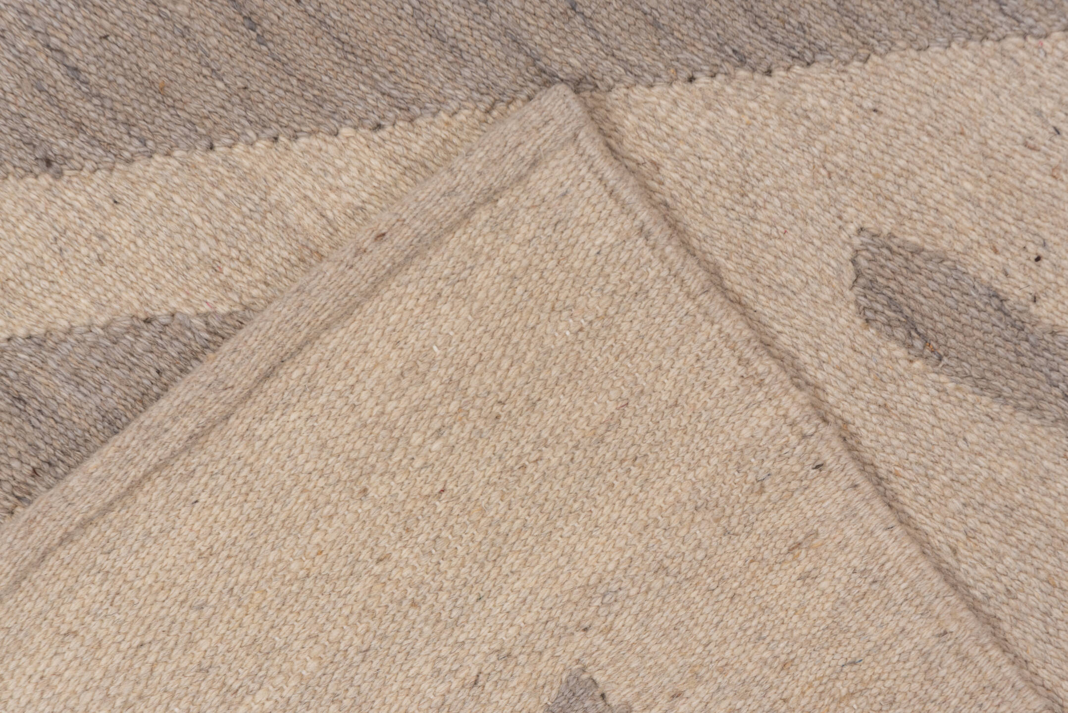 4' x 5' one-of-a-kind handmade vintage Kilim small size rug. Color palette: beige, taupe, ivory, sand, greige, gray
