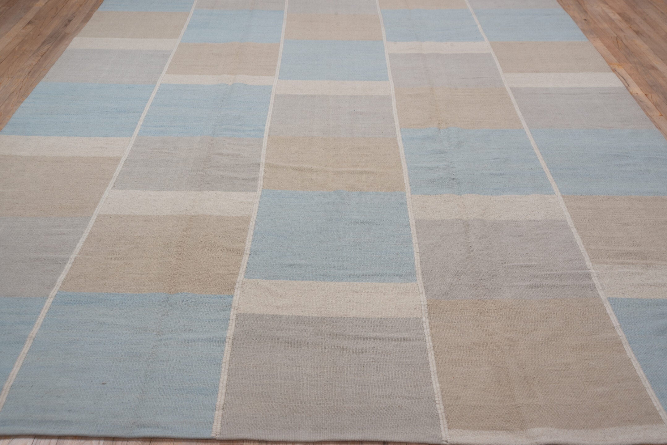 9' x 12' one-of-a-kind handmade vintage Kilim large size rug. Color palette: ivory, pale blue, beige, taupe, light blue