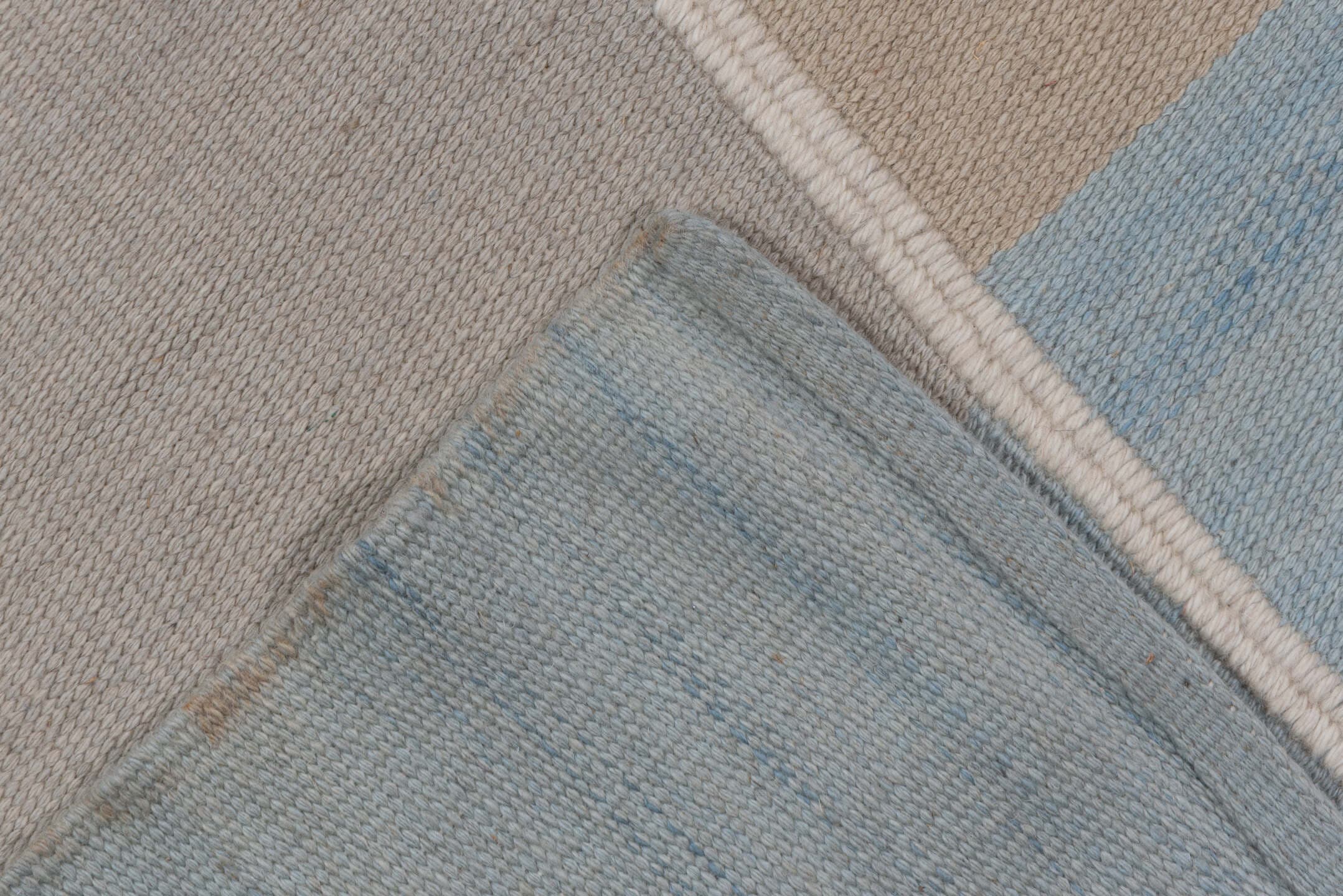 9' x 12' one-of-a-kind handmade vintage Kilim large size rug. Color palette: ivory, pale blue, beige, taupe, light blue