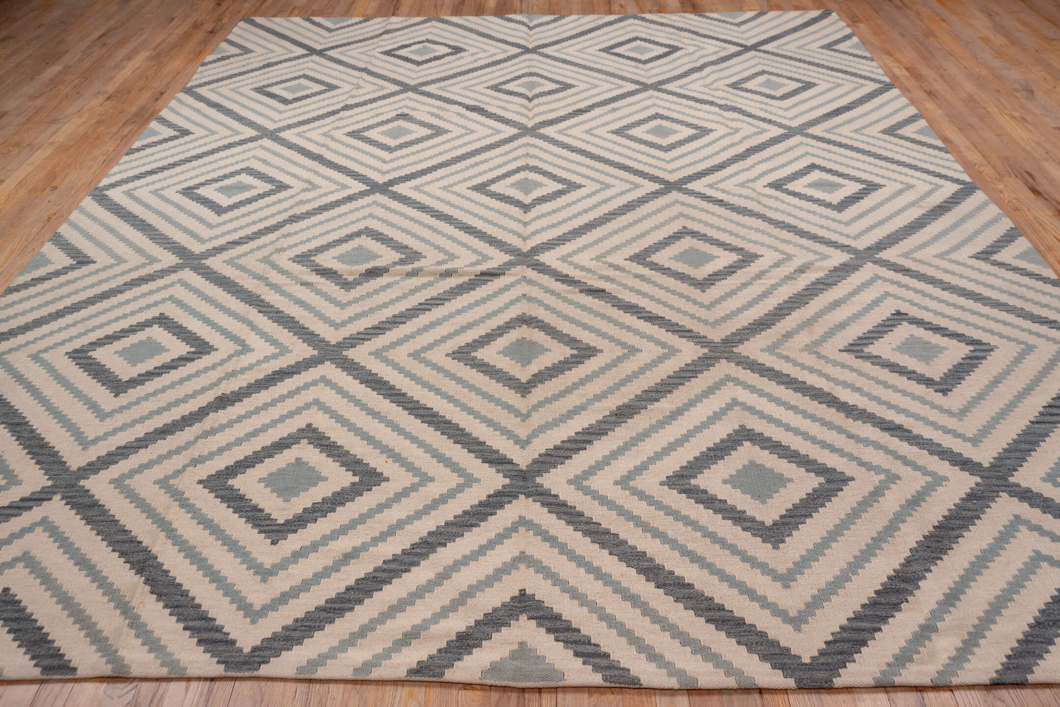 10' x 12' one-of-a-kind handmade vintage Kilim large size rug. Color palette: ivory, gray, taupe, beige