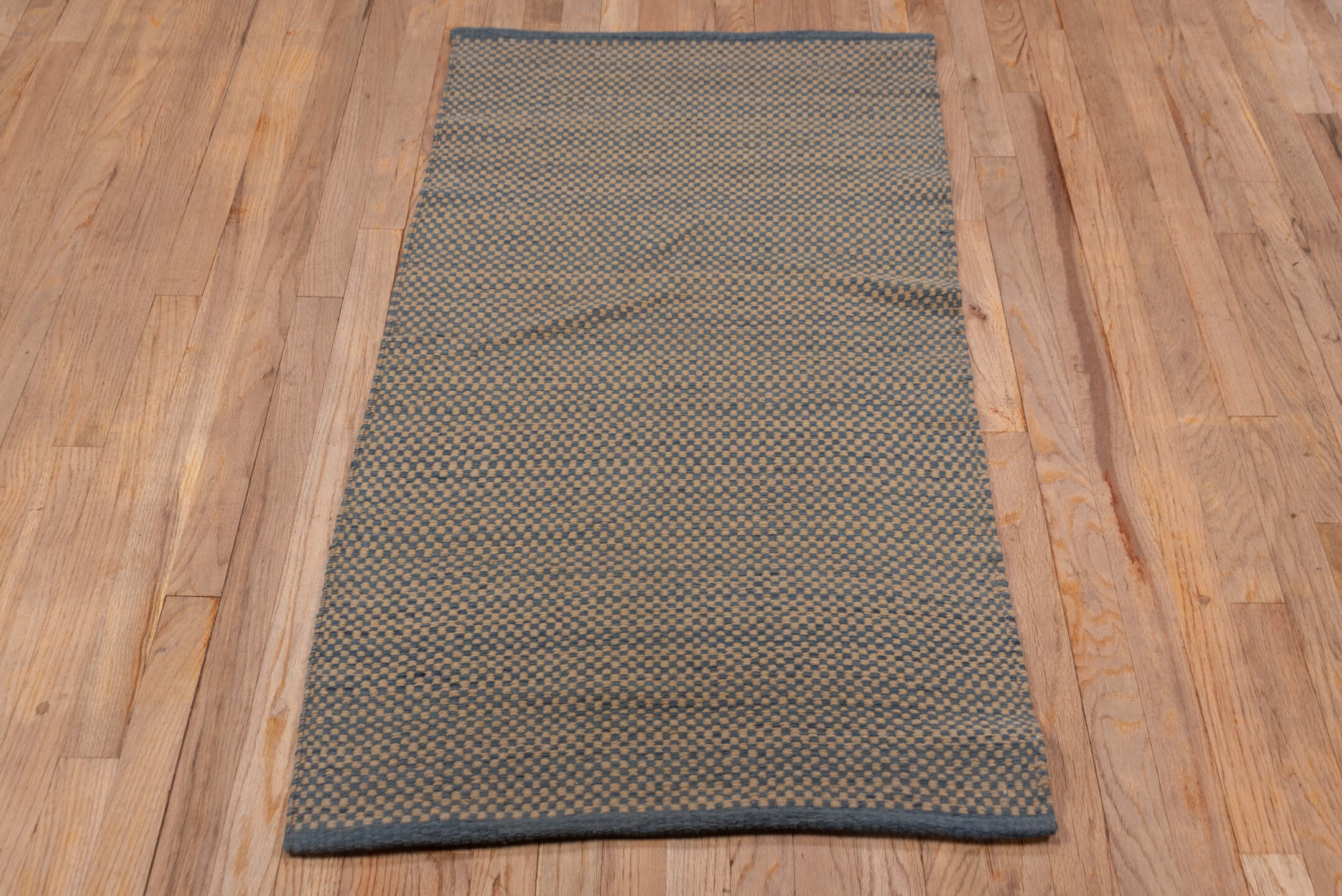 2' x 4' one-of-a-kind handmade vintage Kilim small size rug. Color palette: camel, blue, taupe, beige, gray