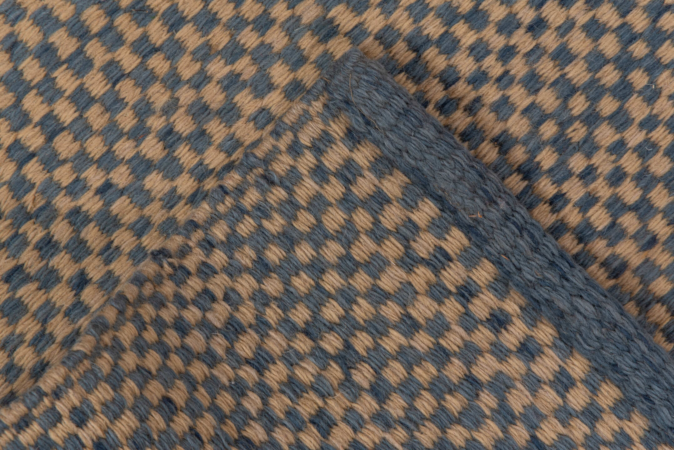 2' x 4' one-of-a-kind handmade vintage Kilim small size rug. Color palette: camel, blue, taupe, beige, gray