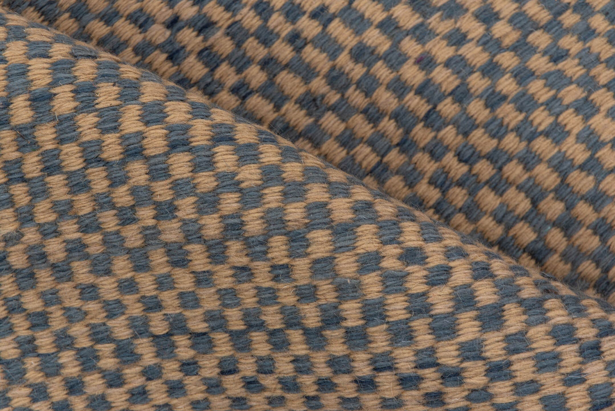 2' x 4' one-of-a-kind handmade vintage Kilim small size rug. Color palette: camel, blue, taupe, beige, gray