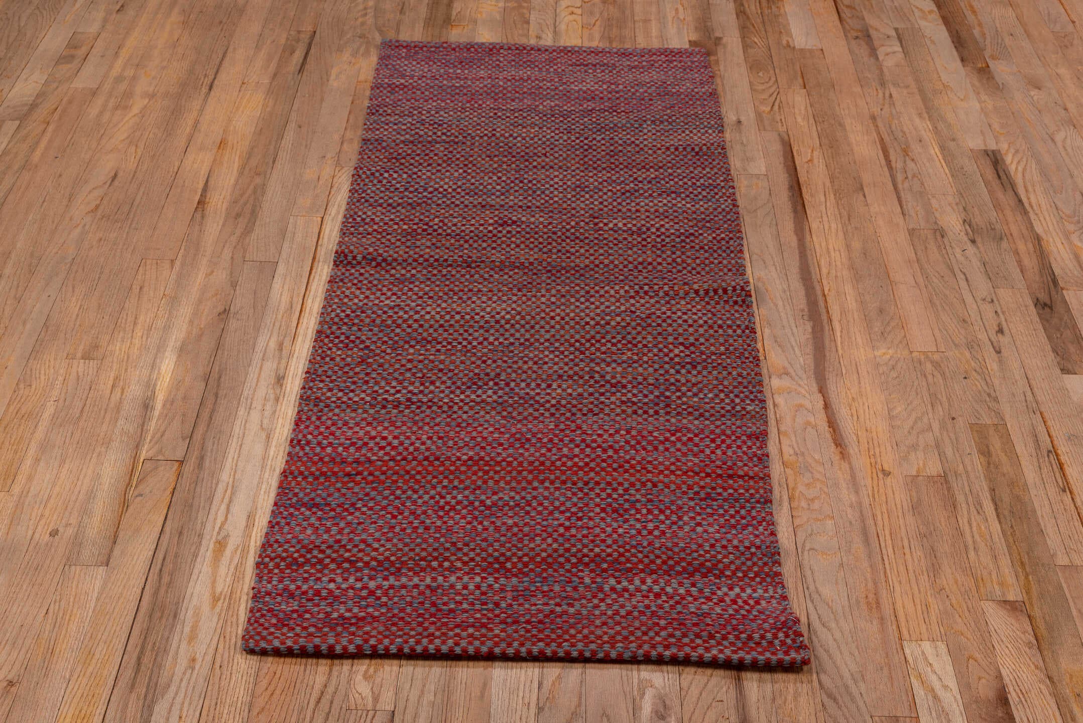 2' x 5' one-of-a-kind handmade vintage Kilim small size rug. Color palette: rust, slate, brick, charcoal, terracotta, brown