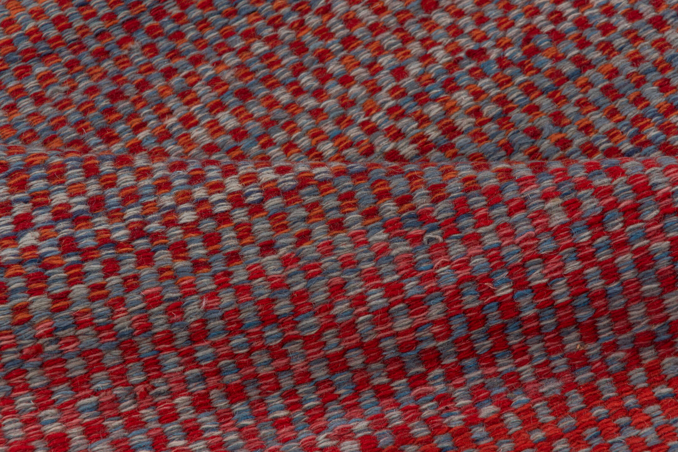 2' x 5' one-of-a-kind handmade vintage Kilim small size rug. Color palette: brown, gray, off-white, pink, red, redwood, snow