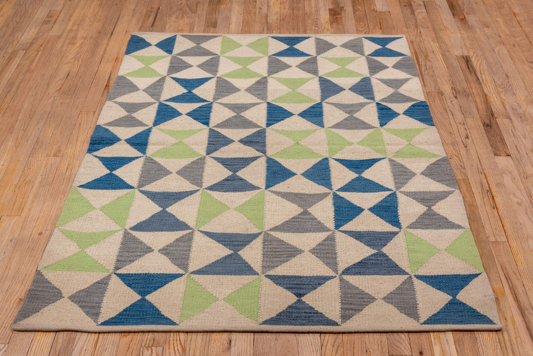 4' x 5' one-of-a-kind handmade vintage Kilim small size rug. Color palette: ivory, blue, gray, sage, green