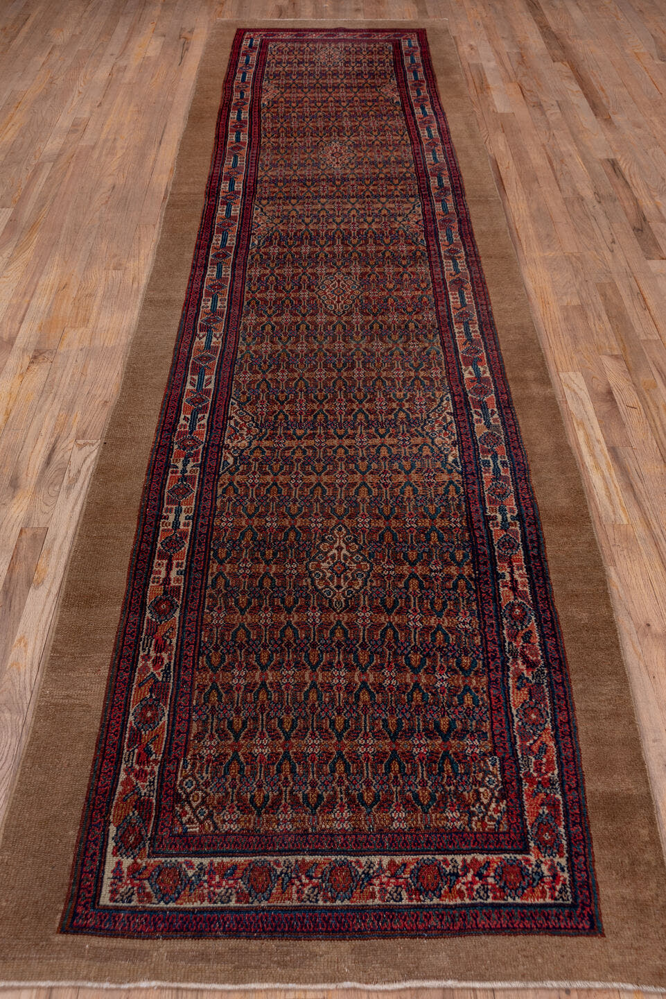 3' x 14' one-of-a-kind handmade antique Cam Hamadan runner rug. Color palette: camel, navy, rust, ivory, burgundy, slate