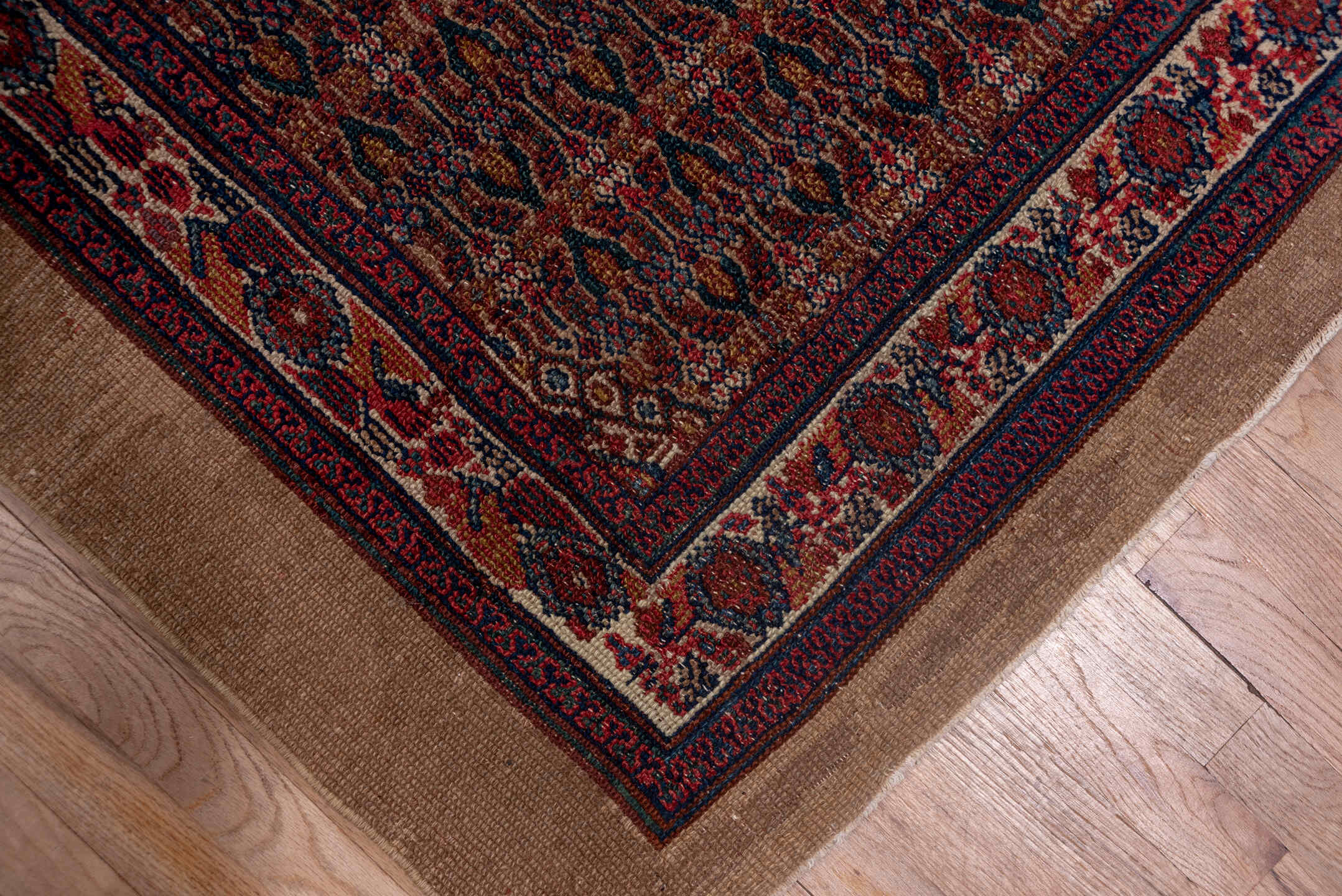 3' x 14' one-of-a-kind handmade vintage Cam Hamadan runner rug. Color palette: blue, brown, gray, pink, red, redwood
