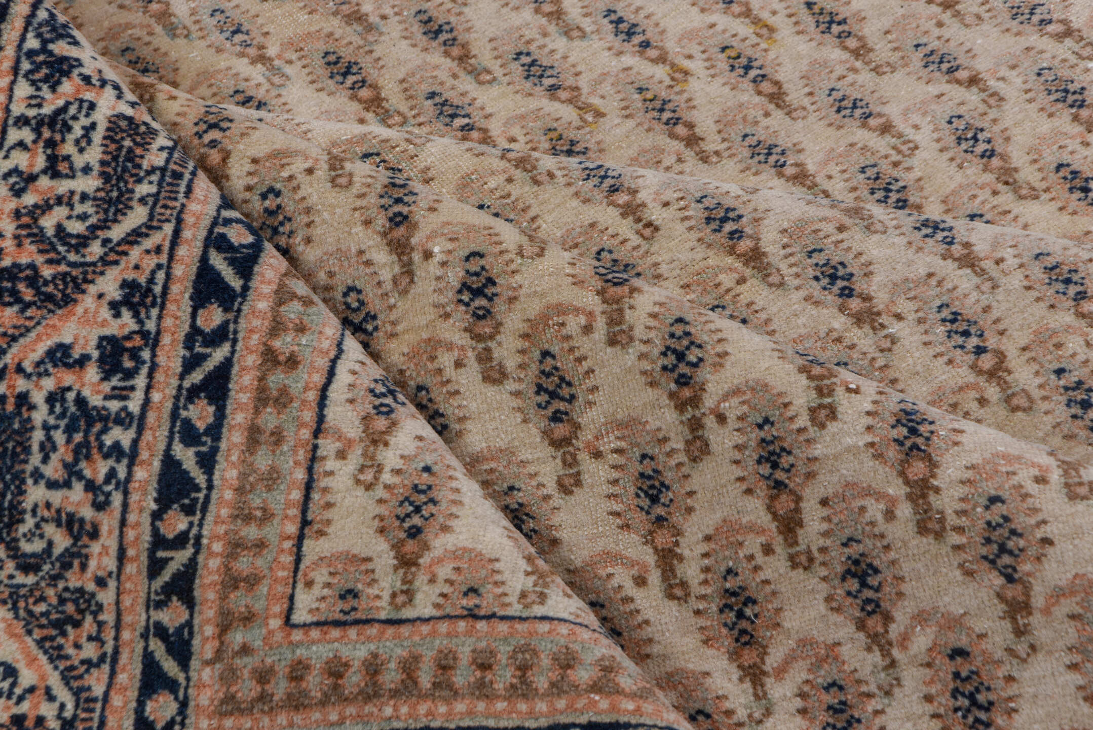 7' x 11' one-of-a-kind handmade antique Sivas large size rug. Color palette: ivory, blush, navy, taupe, rose, slate, pink