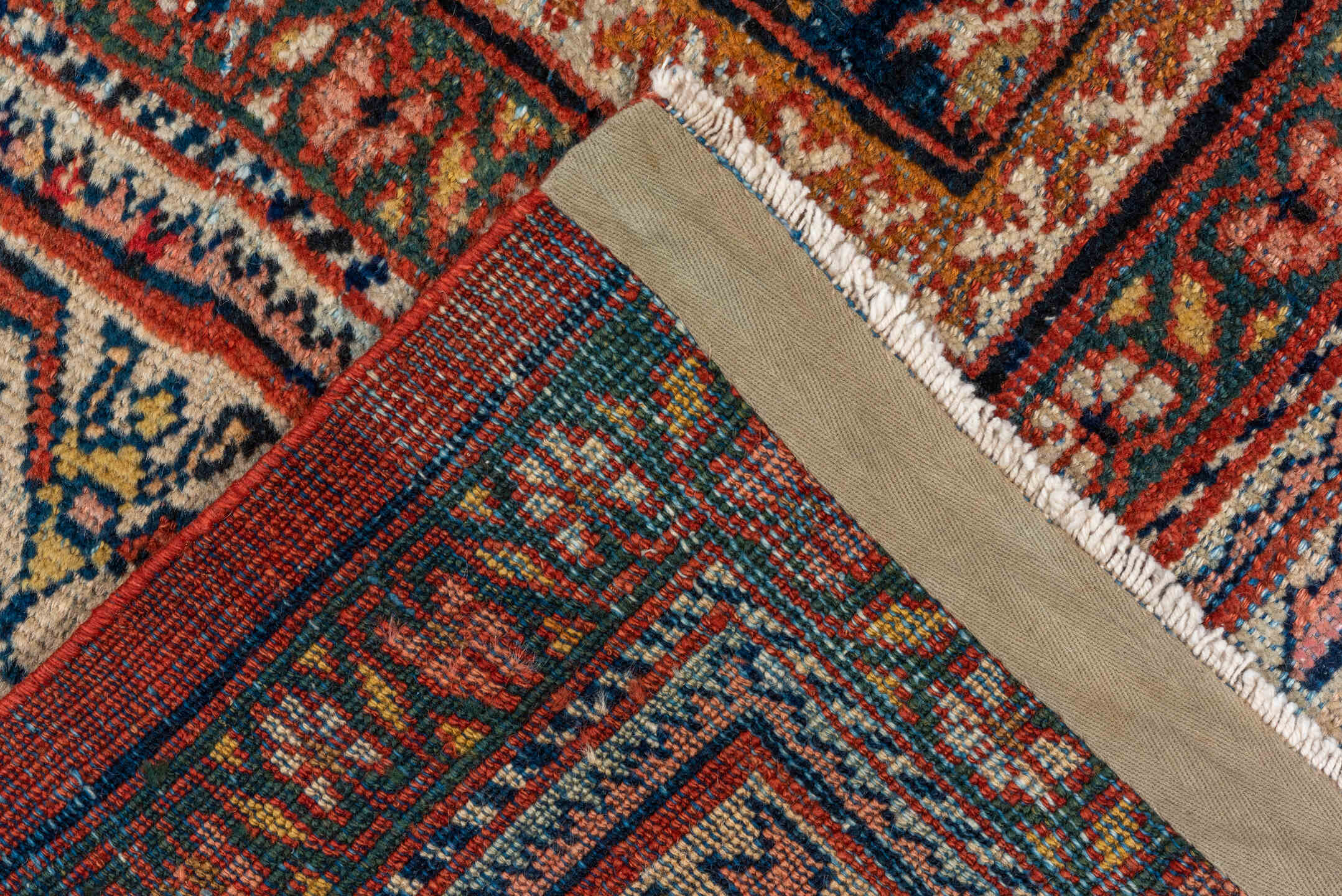 6' x 10' one-of-a-kind handmade antique Mahal large size rug. Color palette: terra cotta, ivory, navy, rust, camel, gold