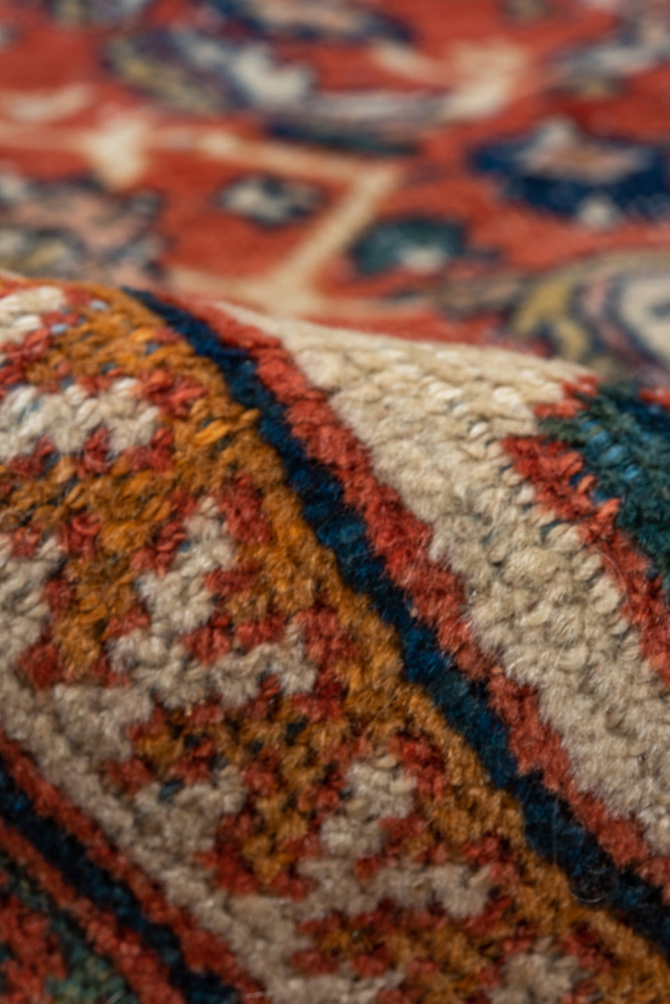 6' x 10' one-of-a-kind handmade antique Mahal large size rug. Color palette: terra cotta, ivory, navy, rust, camel, gold