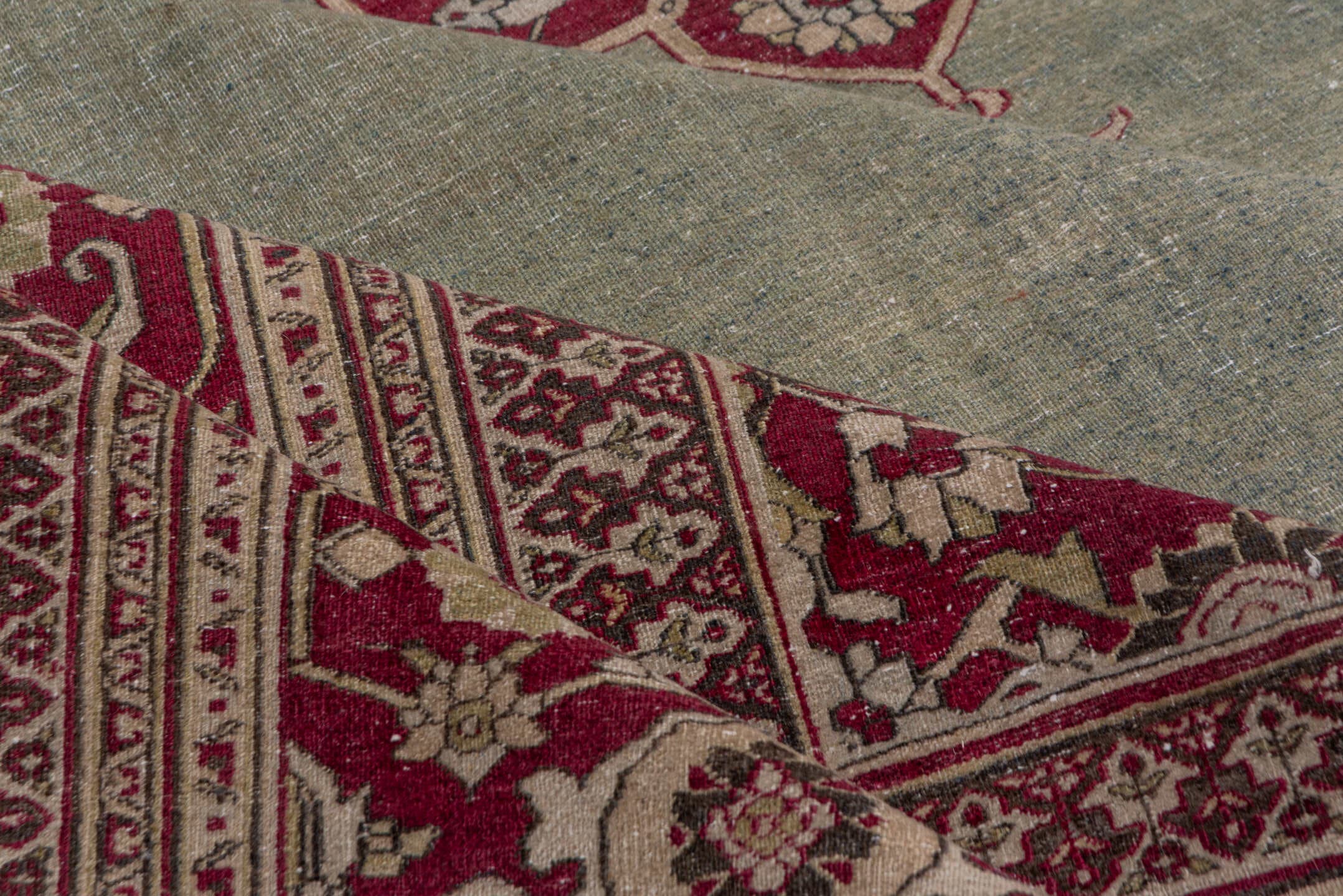10' x 15' one-of-a-kind handmade antique Khorassan rug. Color palette: sage, crimson, ivory, rose, taupe, green, red, pink