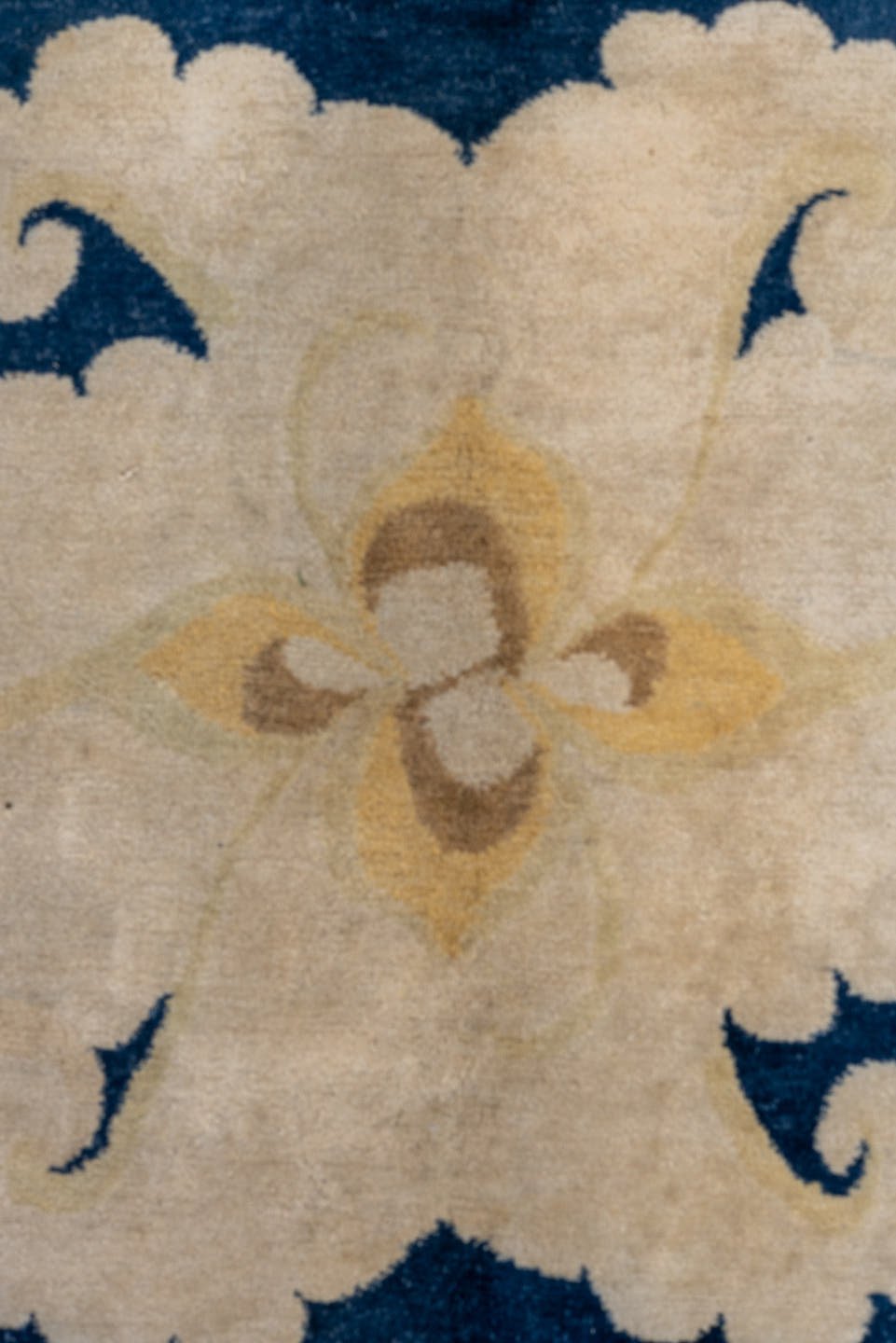 8' x 9' one-of-a-kind handmade vintage Tibetan rug. Color palette: navy, ivory, cream, taupe, slate, gold, blue, beige, gray