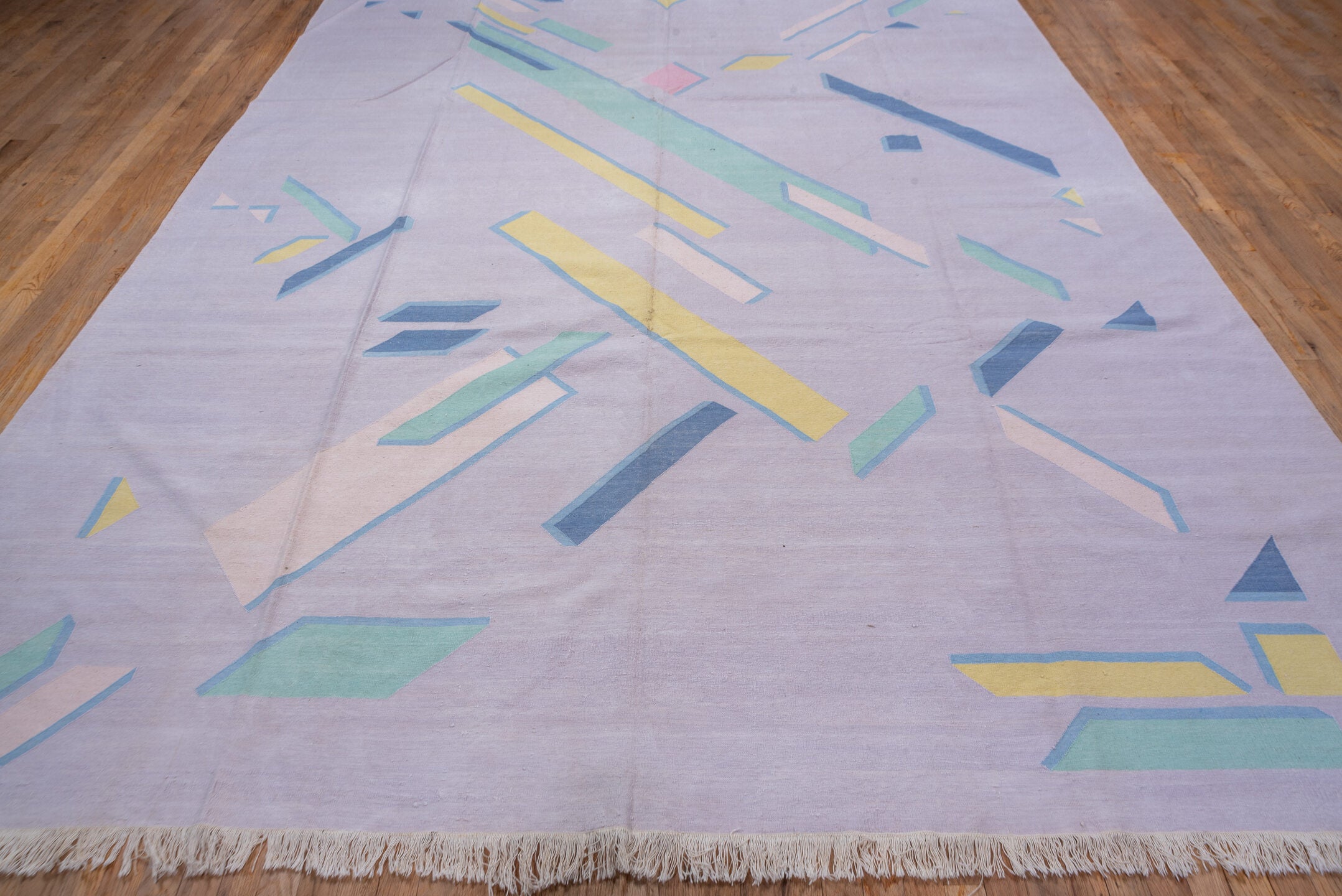 9' x 11' one-of-a-kind handmade vintage Dhurrie large size rug. Color palette: lavender, aqua, pale yellow, sky blue, blush