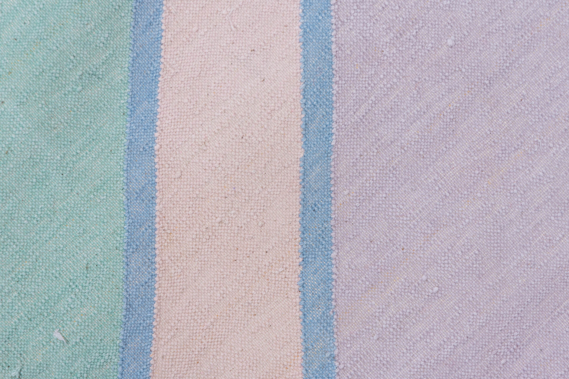 9' x 11' one-of-a-kind handmade vintage Dhurrie large size rug. Color palette: lavender, aqua, pale yellow, sky blue, blush