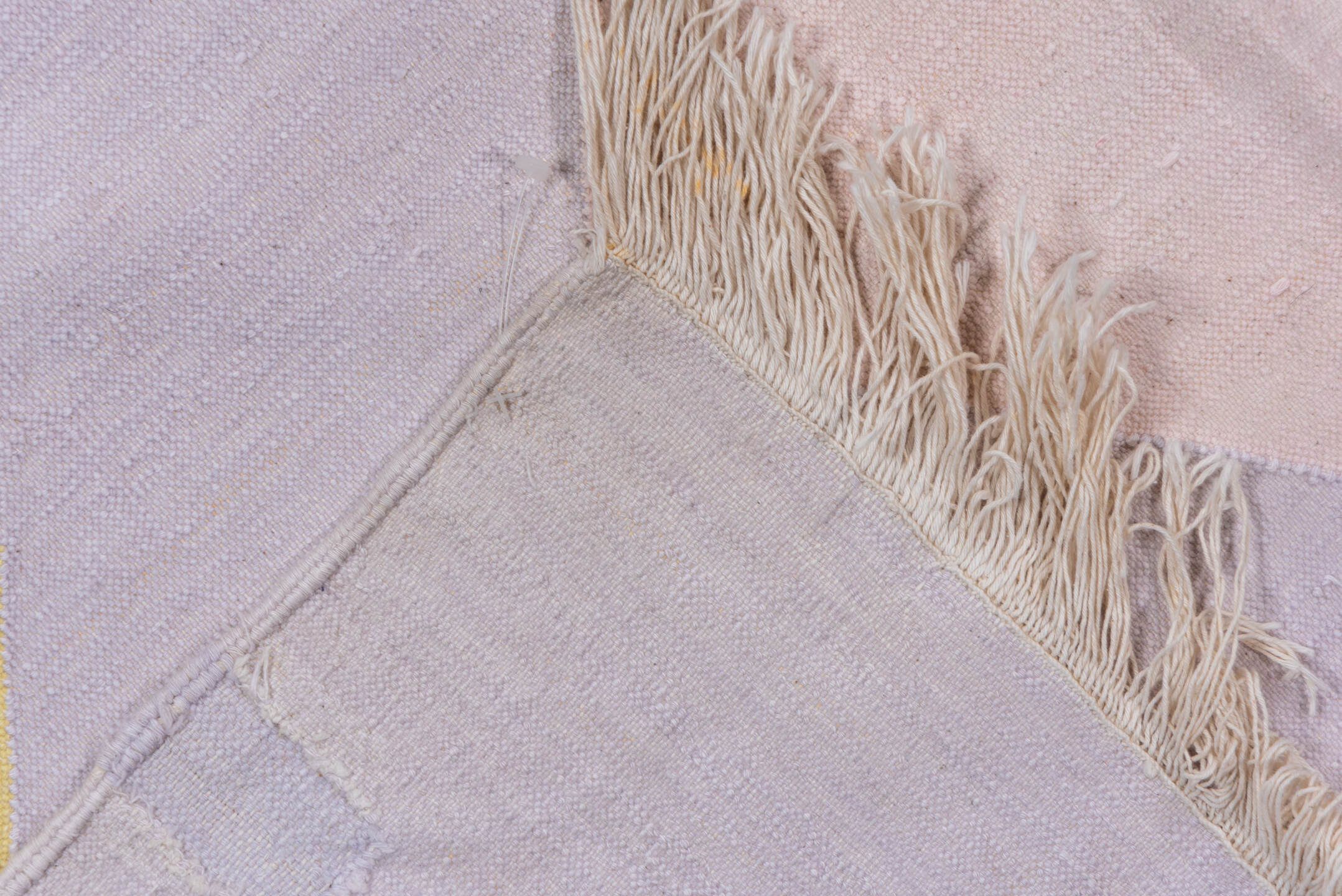 9' x 11' one-of-a-kind handmade vintage Dhurrie large size rug. Color palette: lavender, aqua, pale yellow, sky blue, blush