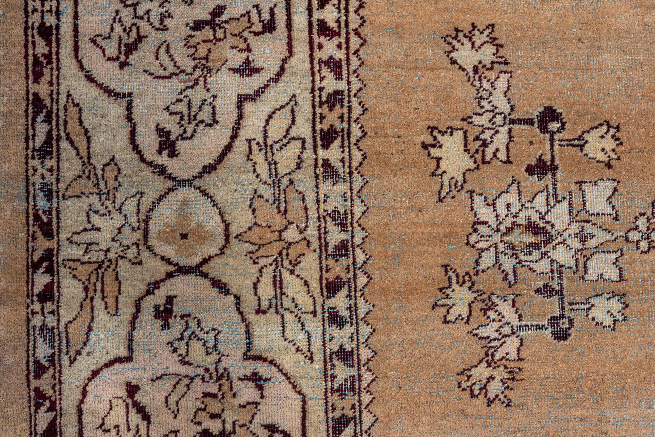 8' x 11' one-of-a-kind handmade antique Amritzar large size rug. Color palette: camel, ivory, taupe, brown, rust, burgundy