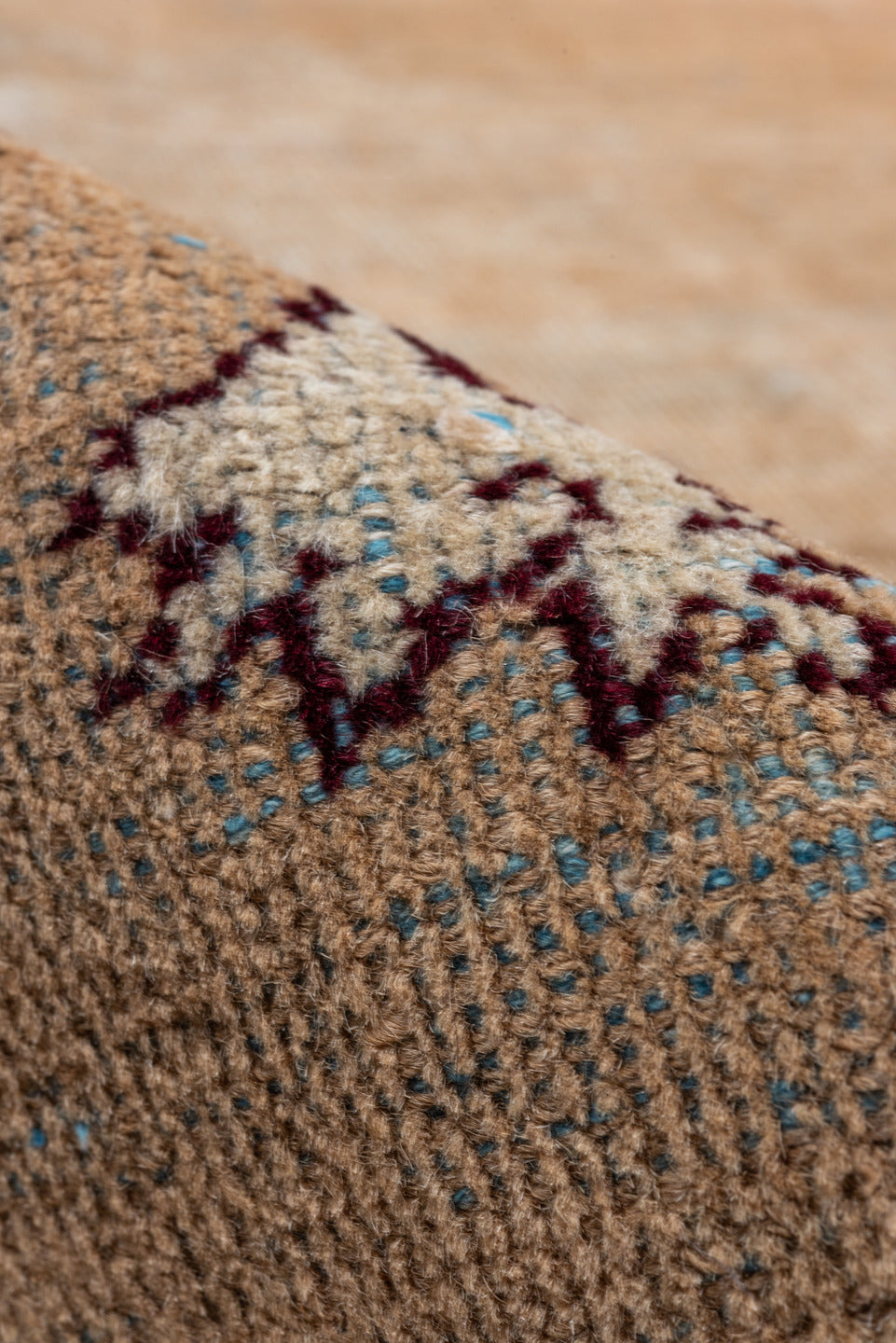 8' x 11' one-of-a-kind handmade antique Amritzar large size rug. Color palette: camel, ivory, taupe, brown, rust, burgundy