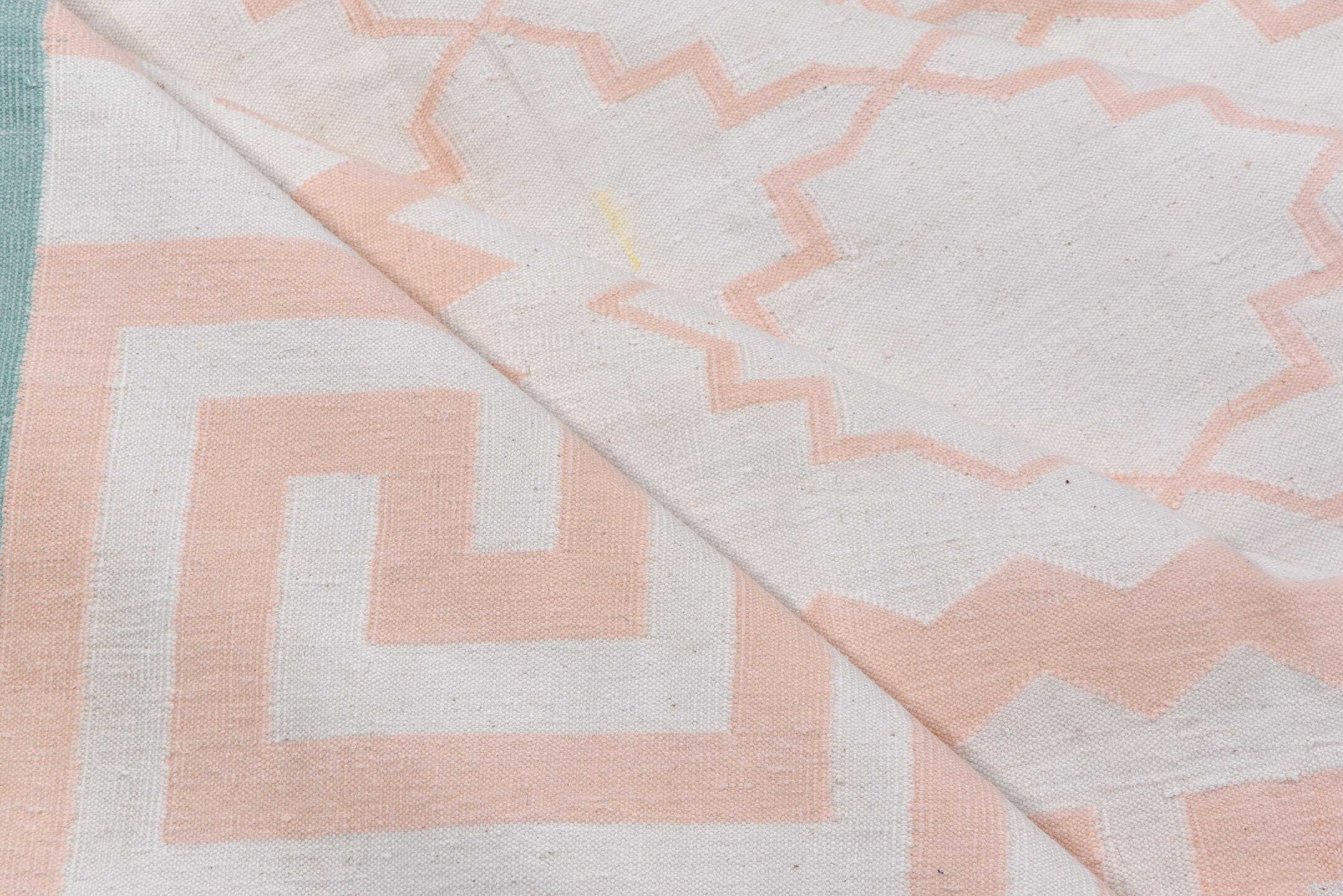 8' x 11' one-of-a-kind handmade vintage Dhurrie large size rug. Color palette: ivory, blush, aqua, pink, teal