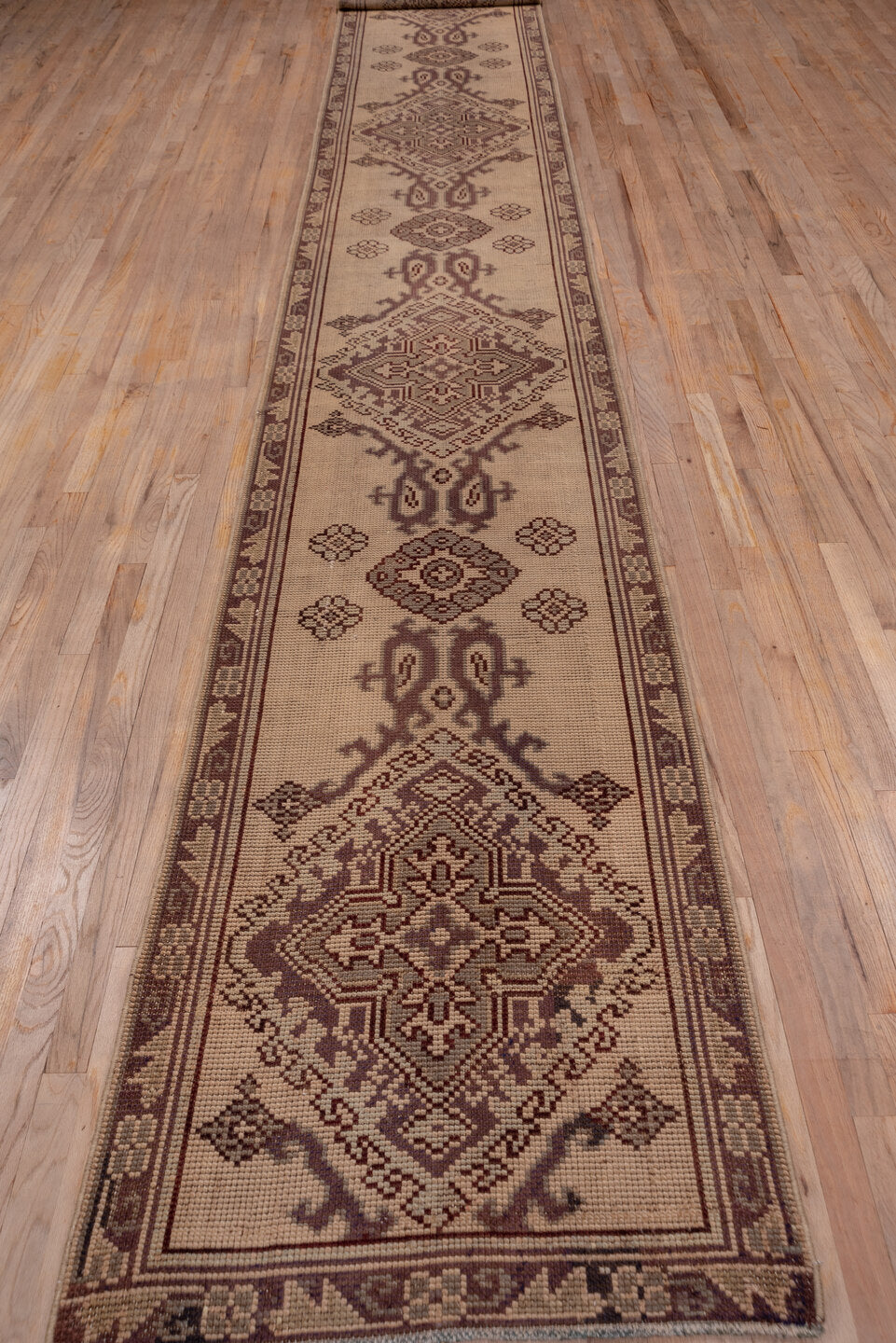 2' x 18' one-of-a-kind handmade antique Oushak runner rug. Color palette: taupe, brown, mauve, beige, gray, pink, purple